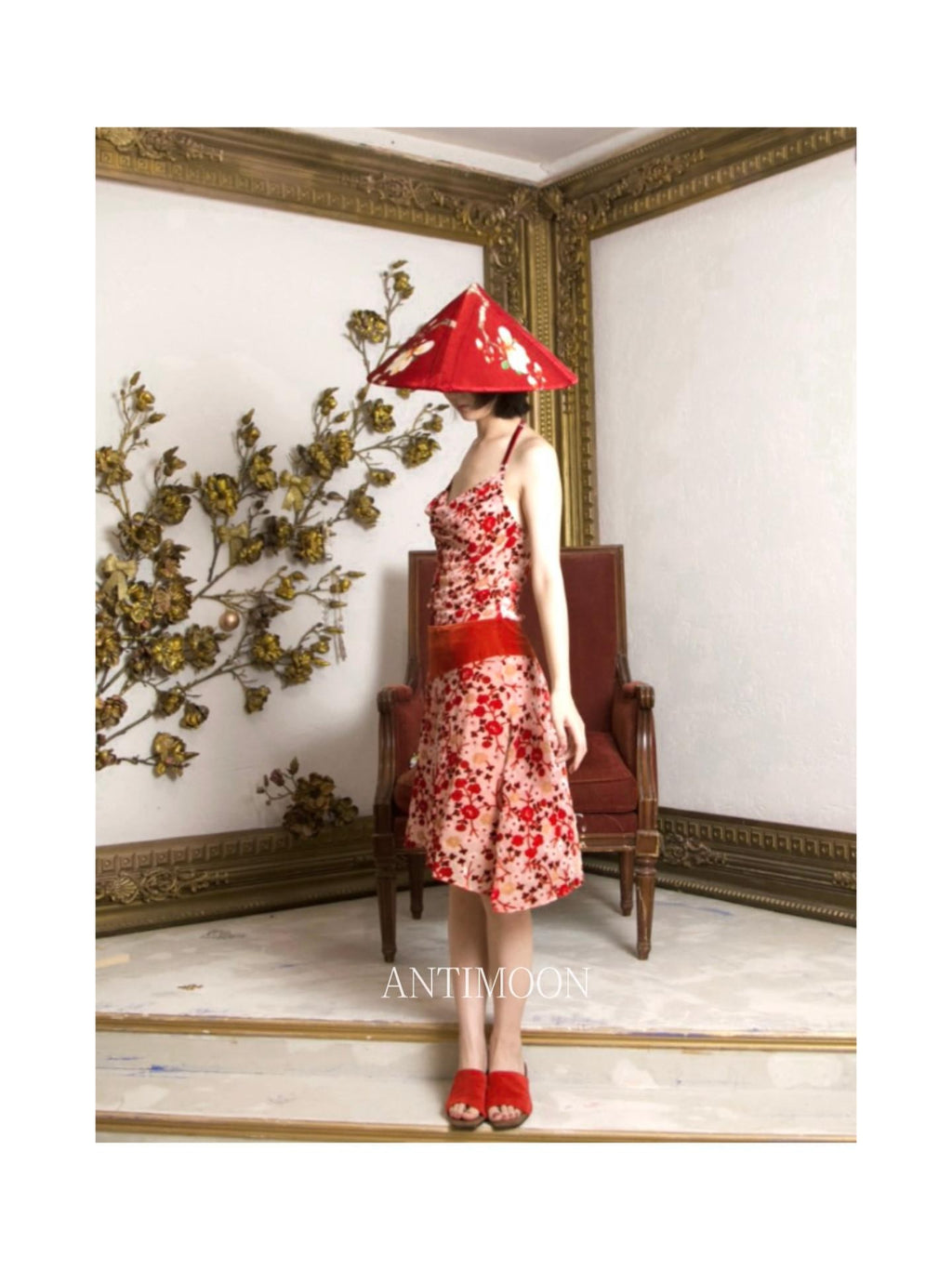 ANTIMOON Crimson Burnout Floral Retro Chinese Women's Halter Midi Dresses