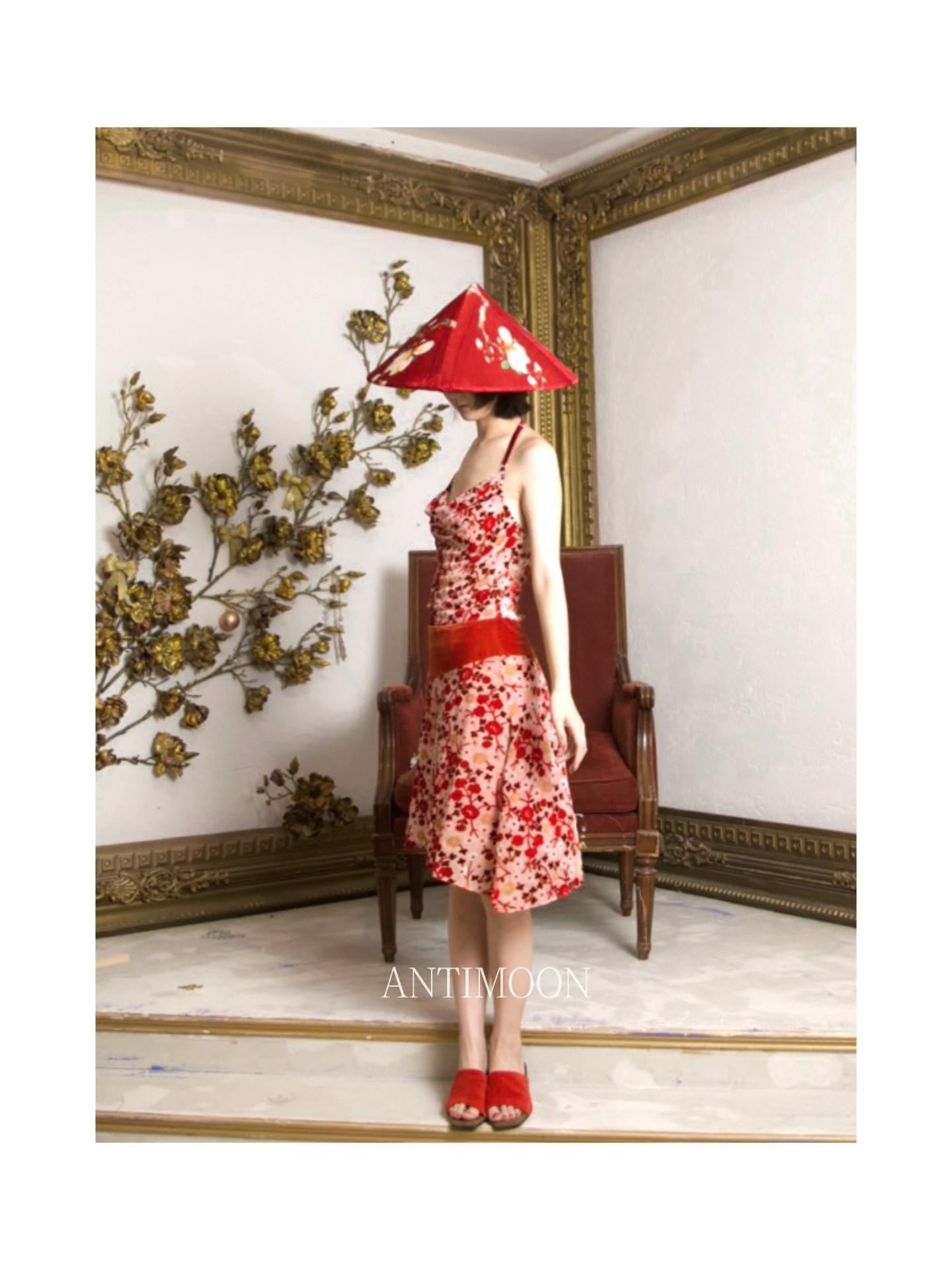 ANTIMOON Crimson Burnout Floral Retro Chinese Women's Halter Midi Dresses