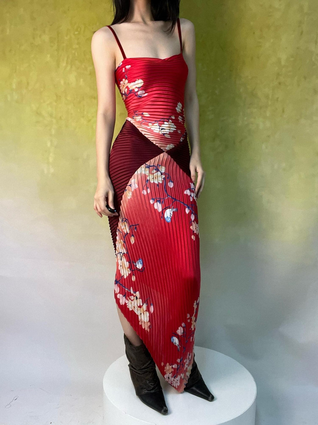 ANTIMOON Crimson Heart Ruching Scarf Splice Vintage Women's Bodycon Maxi Dresses