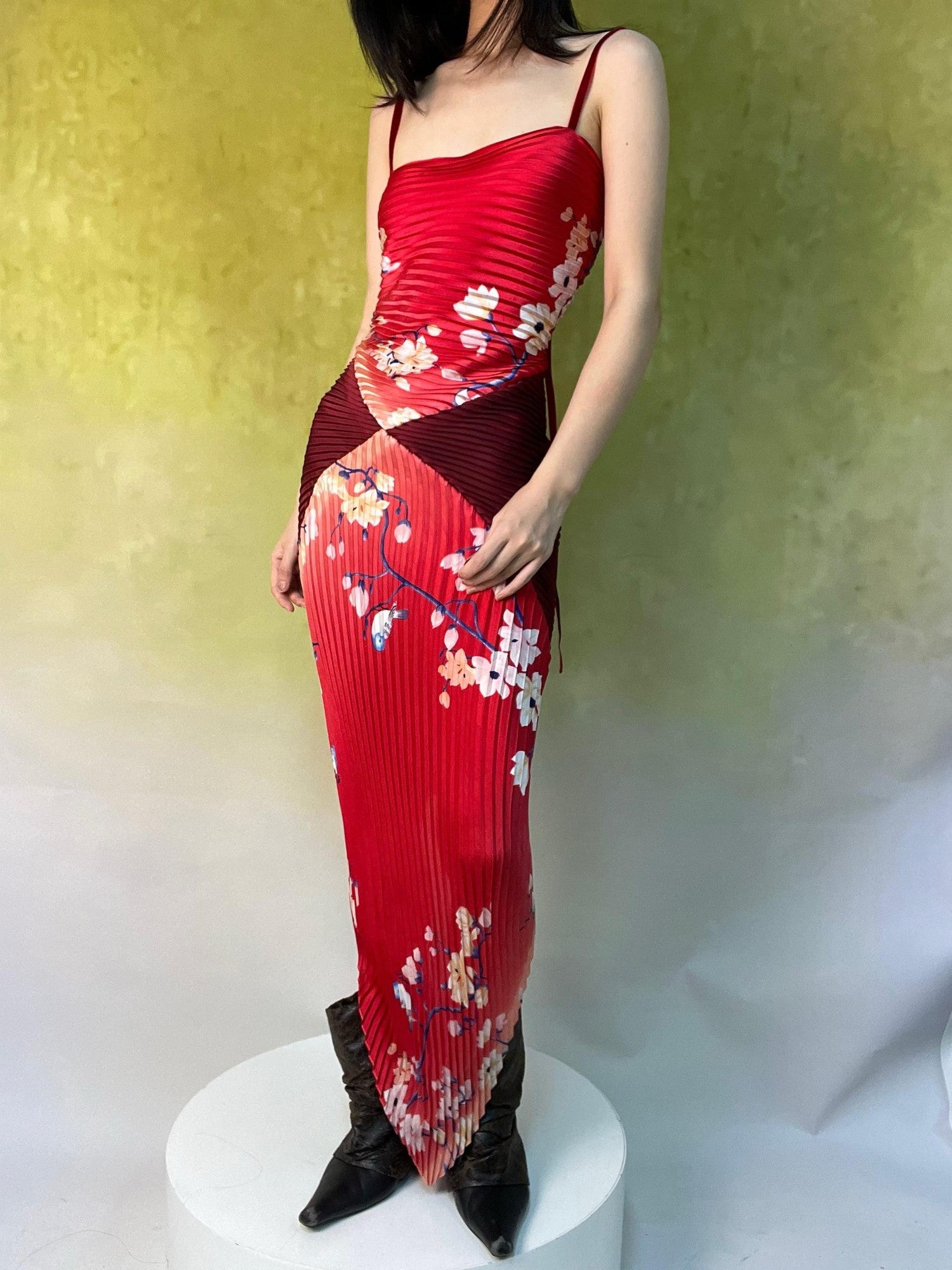 ANTIMOON Crimson Heart Ruching Scarf Splice Vintage Women's Bodycon Maxi Dresses
