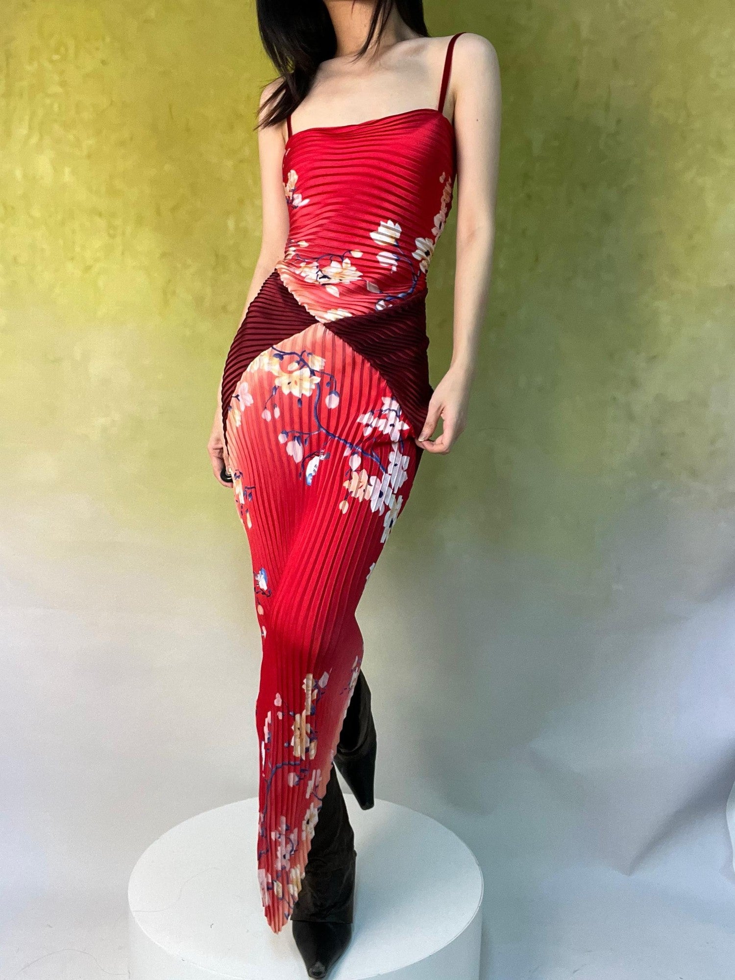 ANTIMOON Crimson Heart Ruching Scarf Splice Vintage Women's Bodycon Maxi Dresses