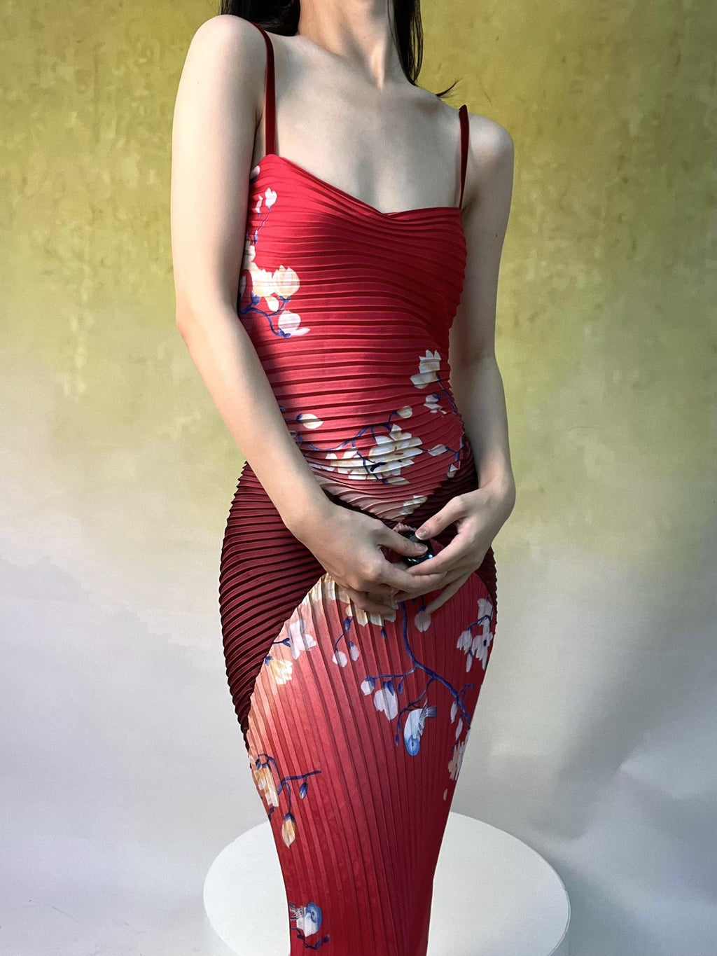 ANTIMOON Crimson Heart Ruching Scarf Splice Vintage Women's Bodycon Maxi Dresses