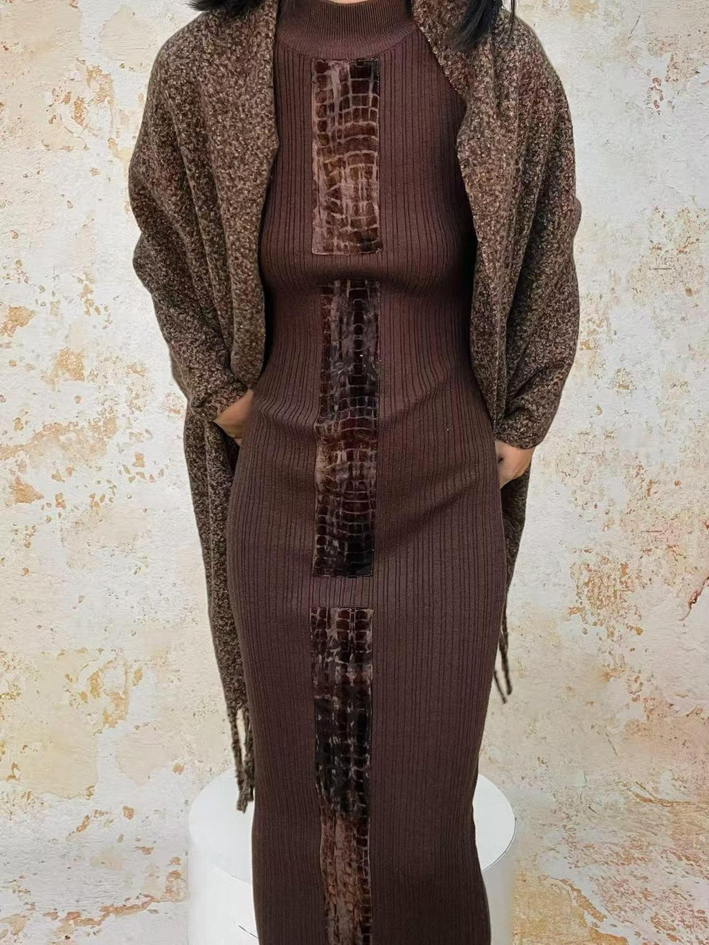 ANTIMOON Crocodile Print Spliced Knit Women's Polyester Spandex Bodycon Maxi Dresses
