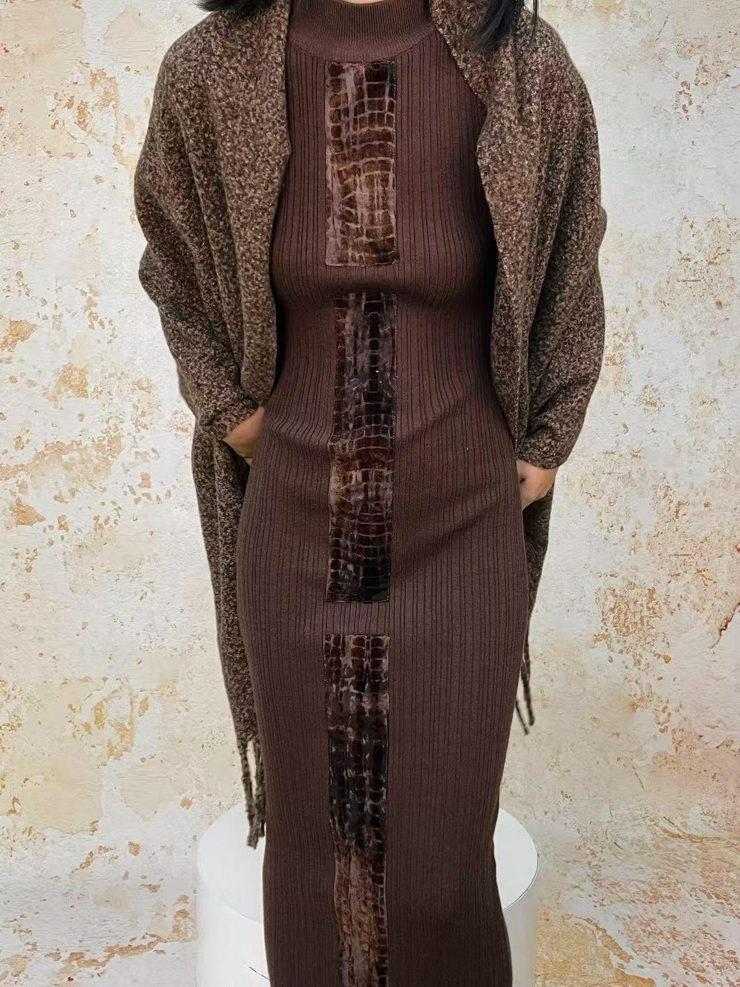 ANTIMOON Crocodile Print Spliced Knit Women's Polyester Spandex Bodycon Maxi Dresses