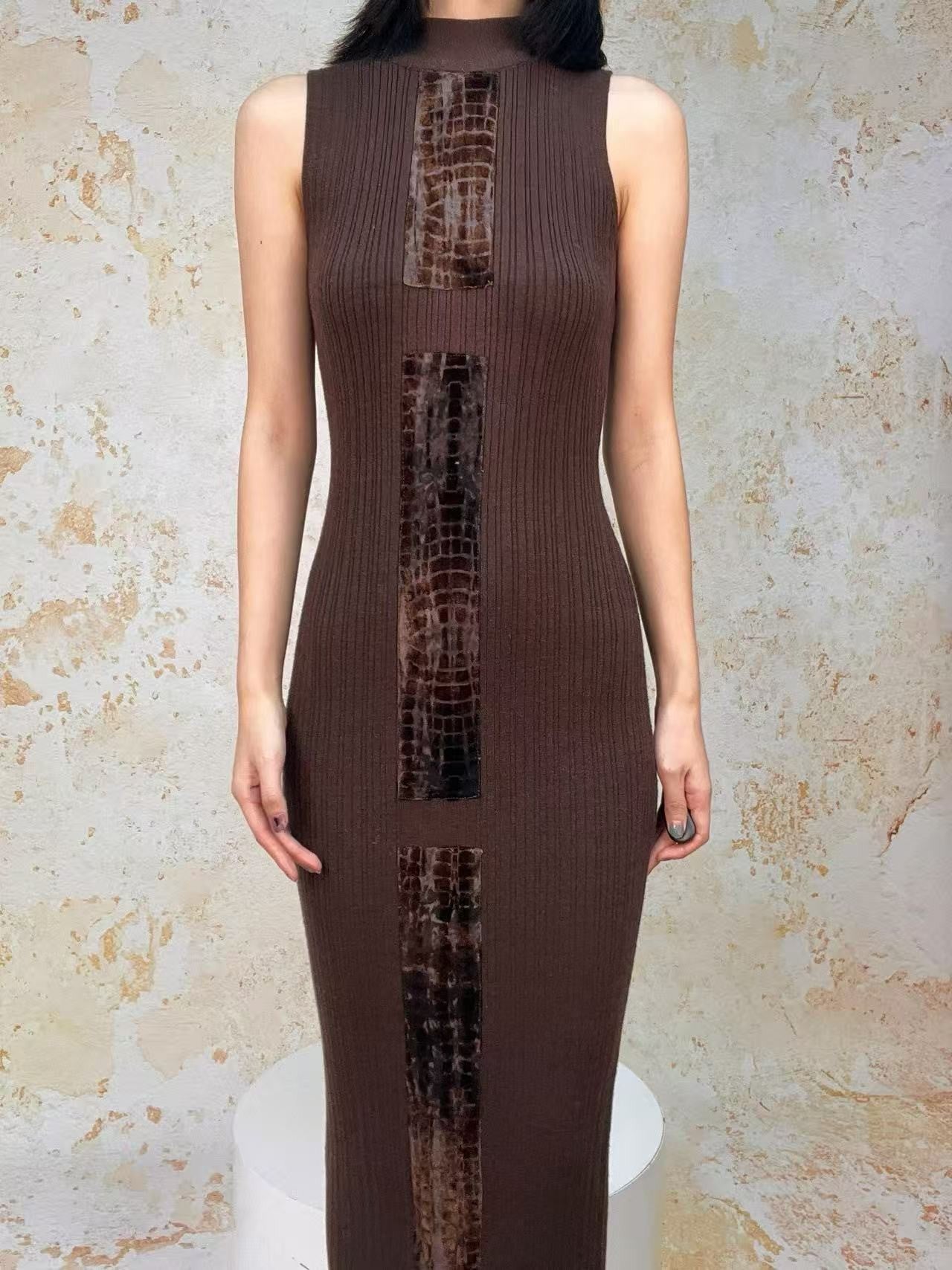 ANTIMOON Crocodile Print Spliced Knit Women's Polyester Spandex Bodycon Maxi Dresses