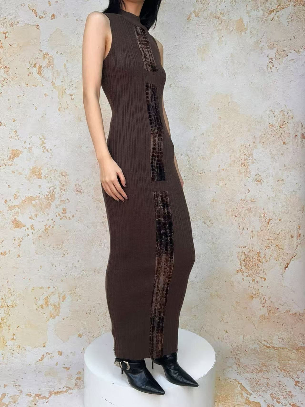 ANTIMOON Crocodile Print Spliced Knit Women's Polyester Spandex Bodycon Maxi Dresses