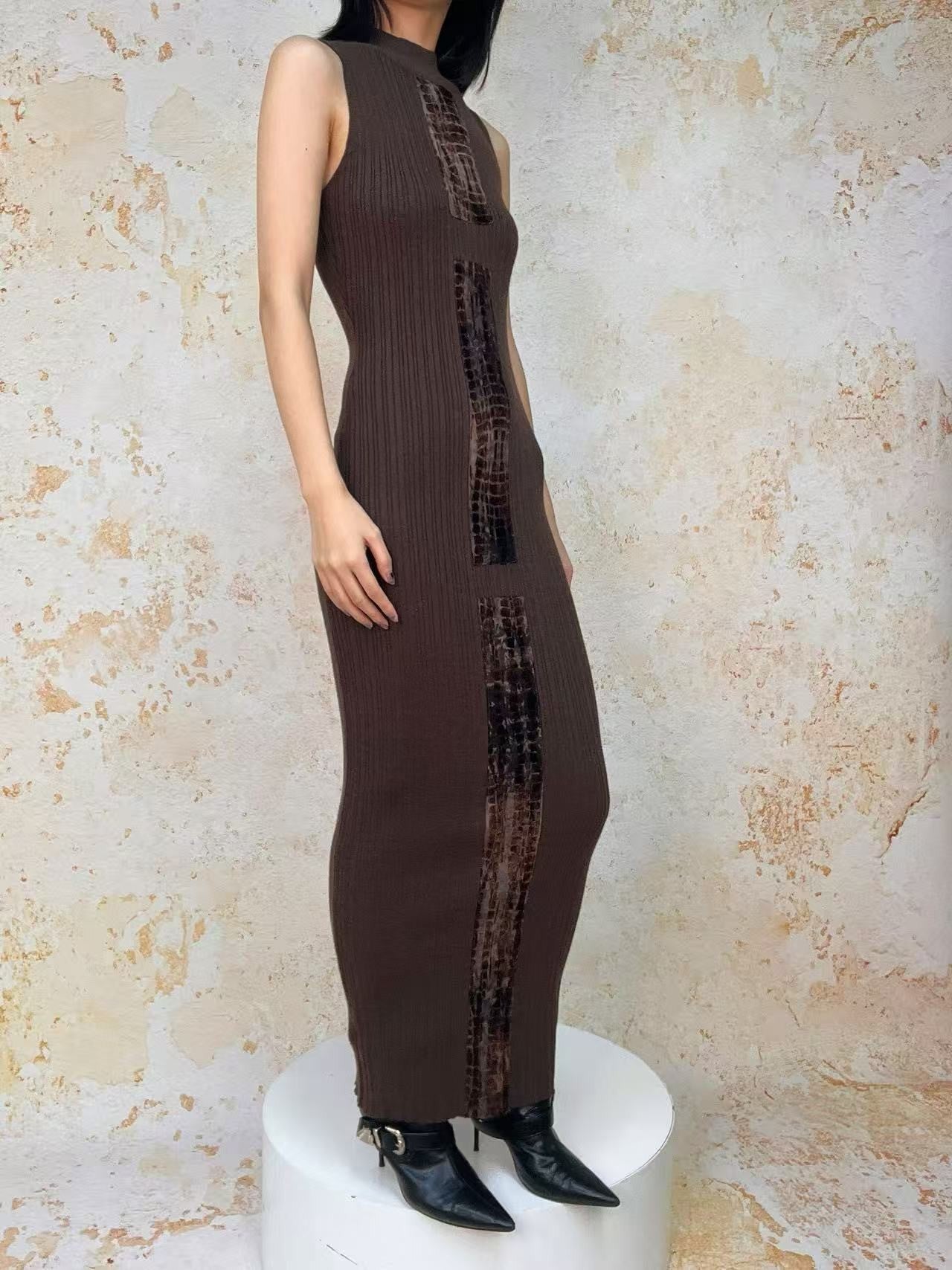 ANTIMOON Crocodile Print Spliced Knit Women's Polyester Spandex Bodycon Maxi Dresses