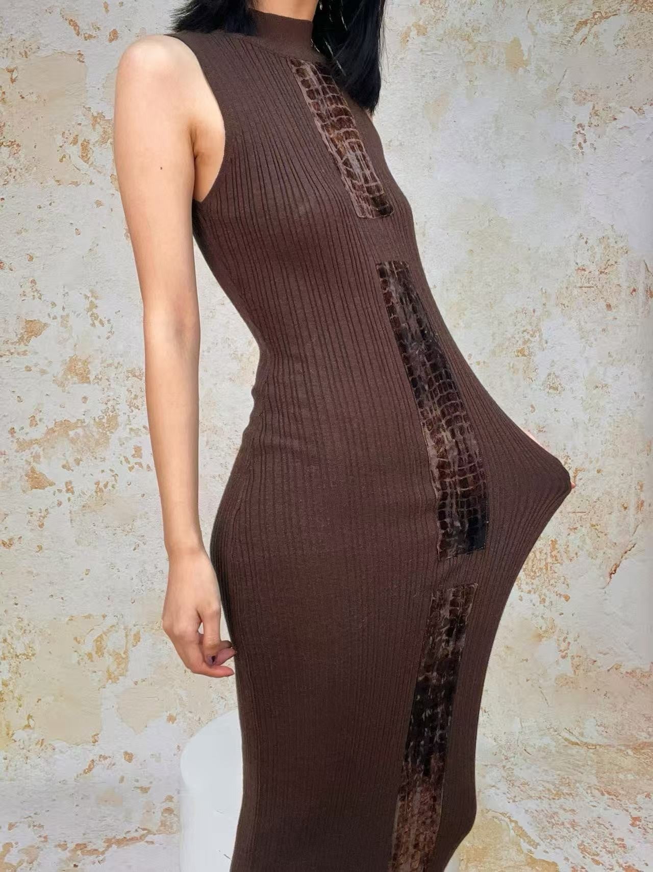 ANTIMOON Crocodile Print Spliced Knit Women's Polyester Spandex Bodycon Maxi Dresses