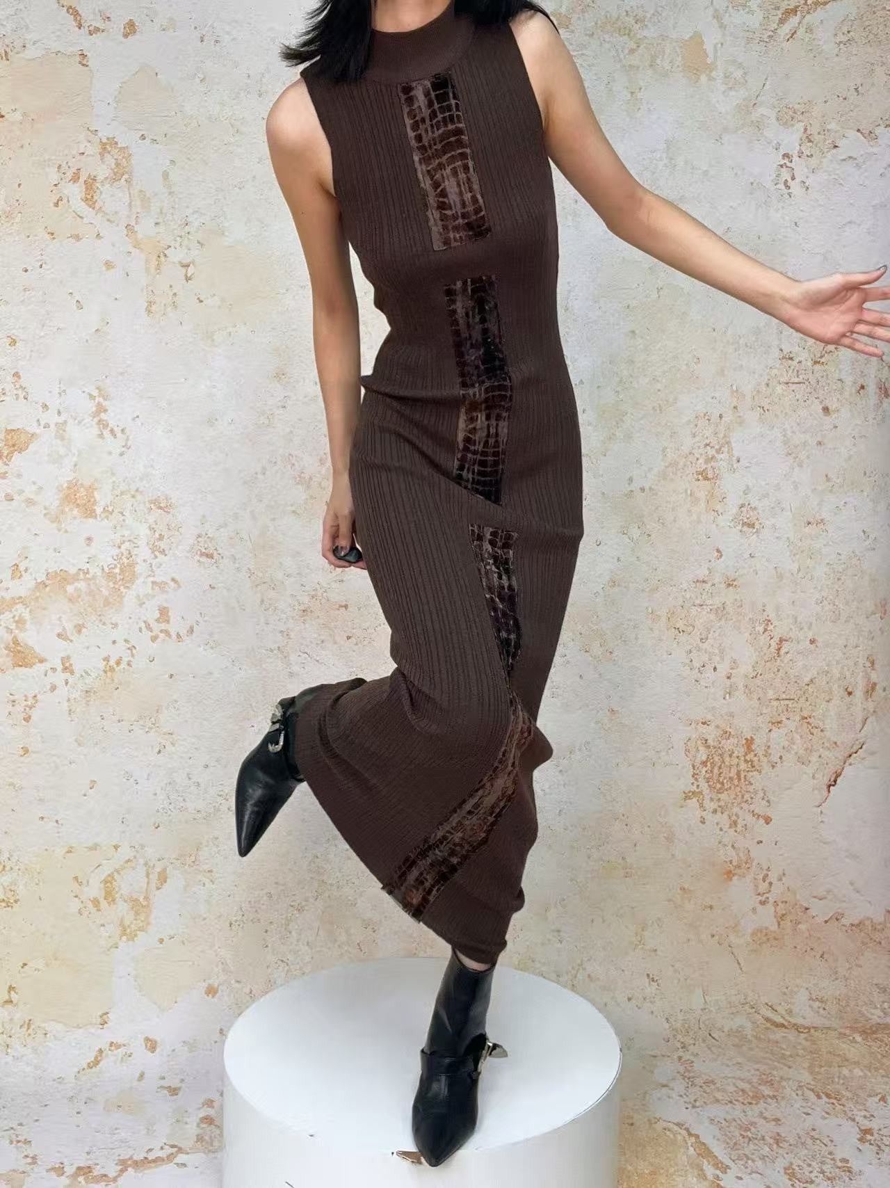 ANTIMOON Crocodile Print Spliced Knit Women's Polyester Spandex Bodycon Maxi Dresses