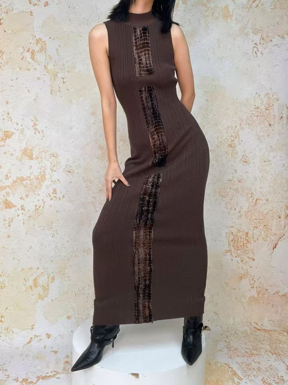 ANTIMOON Crocodile Print Spliced Knit Women's Polyester Spandex Bodycon Maxi Dresses