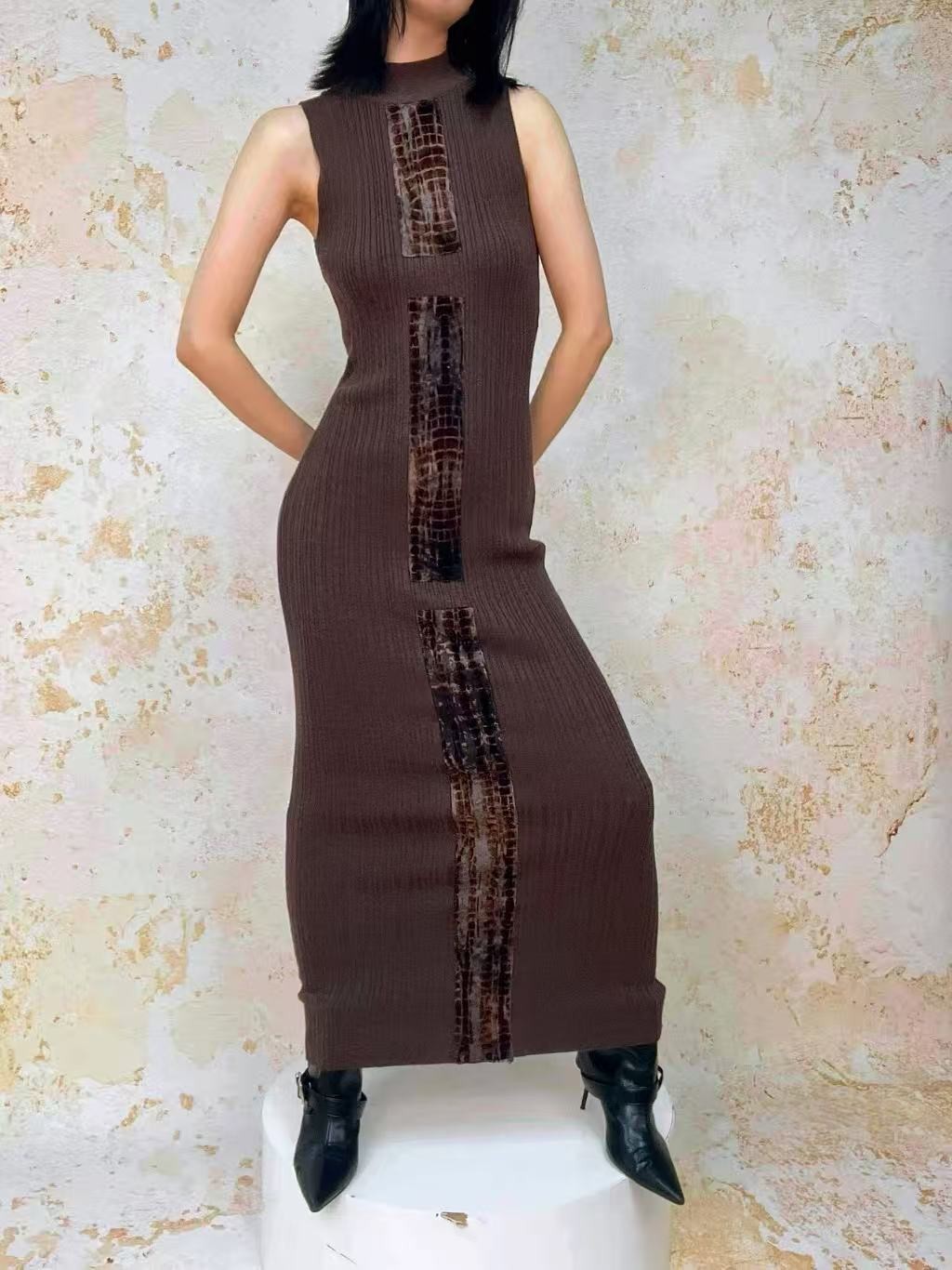 ANTIMOON Crocodile Print Spliced Knit Women's Polyester Spandex Bodycon Maxi Dresses