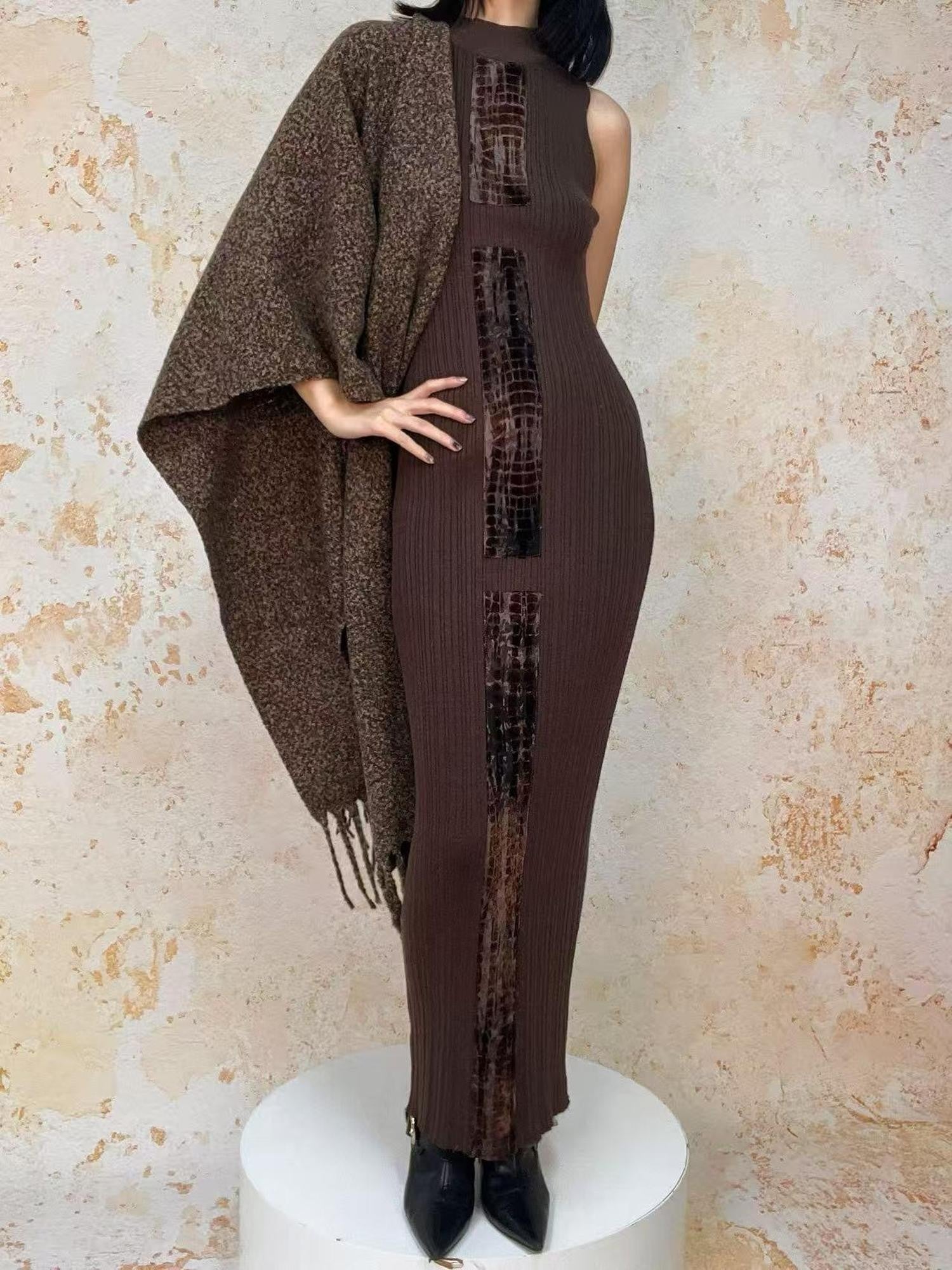 ANTIMOON Crocodile Print Spliced Knit Women's Polyester Spandex Bodycon Maxi Dresses