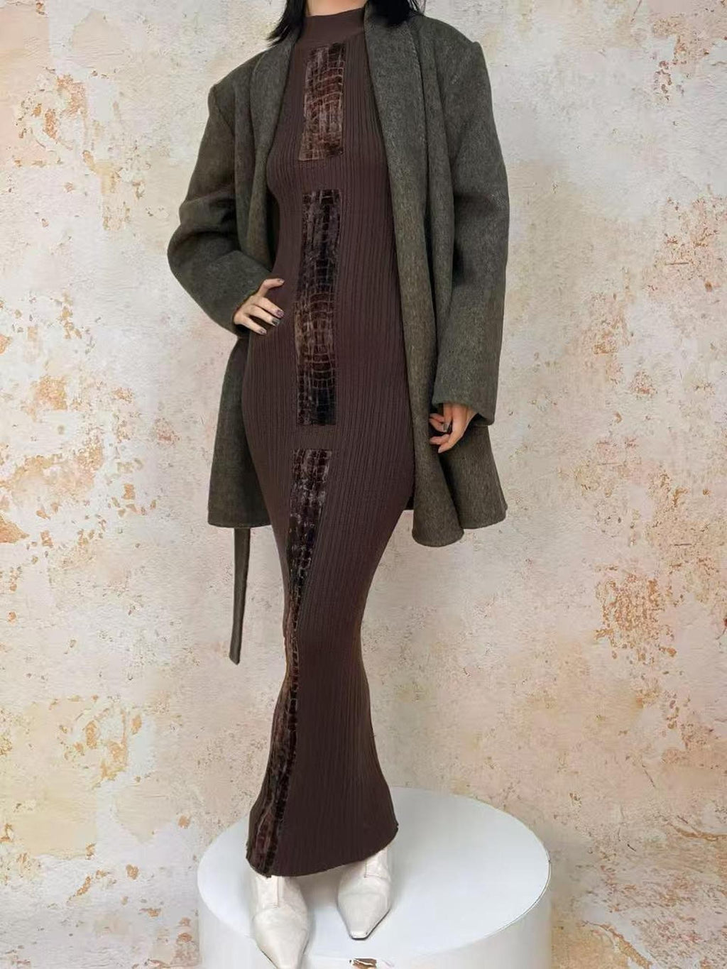 ANTIMOON Crocodile Print Spliced Knit Women's Polyester Spandex Bodycon Maxi Dresses
