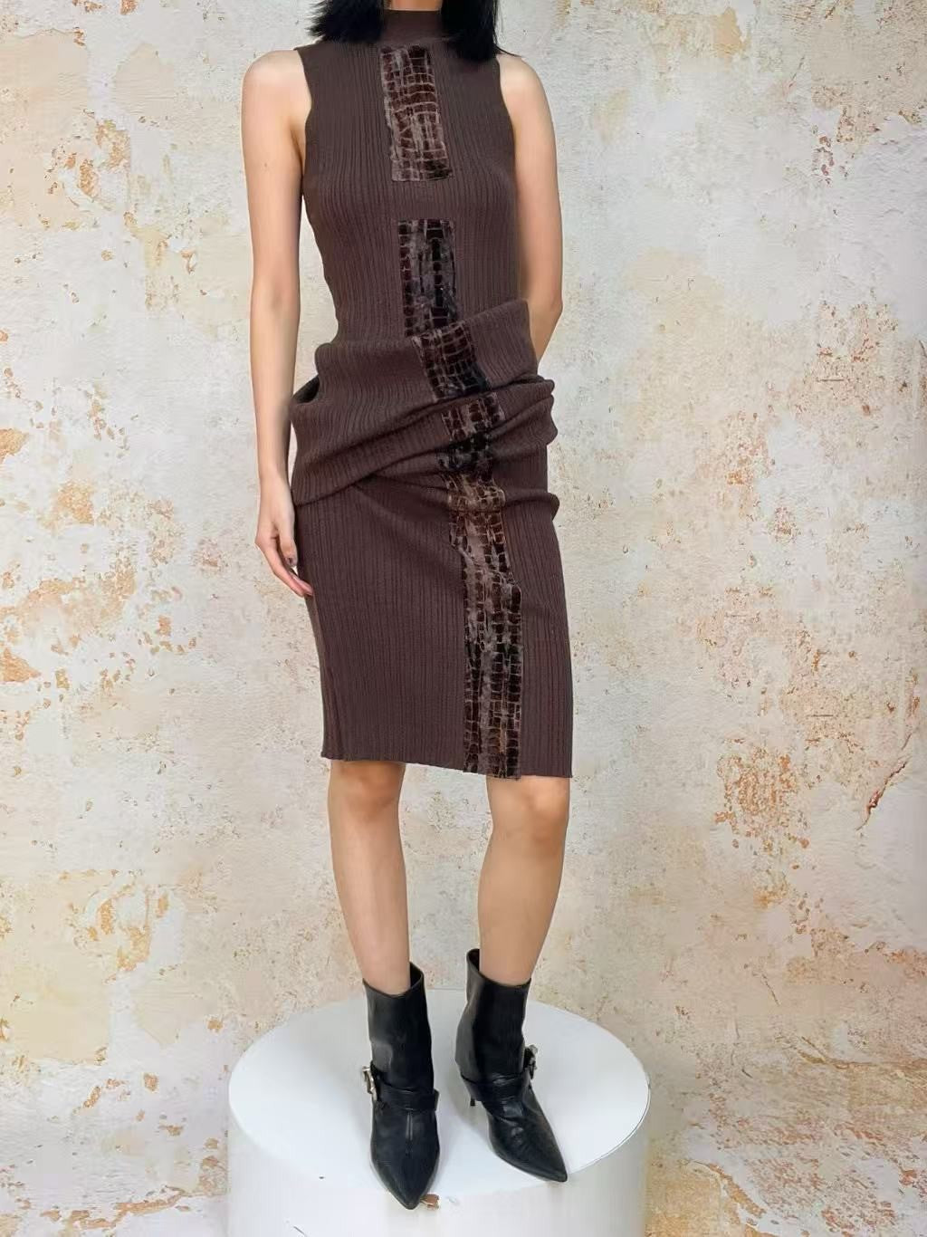 ANTIMOON Crocodile Print Spliced Knit Women's Polyester Spandex Bodycon Maxi Dresses