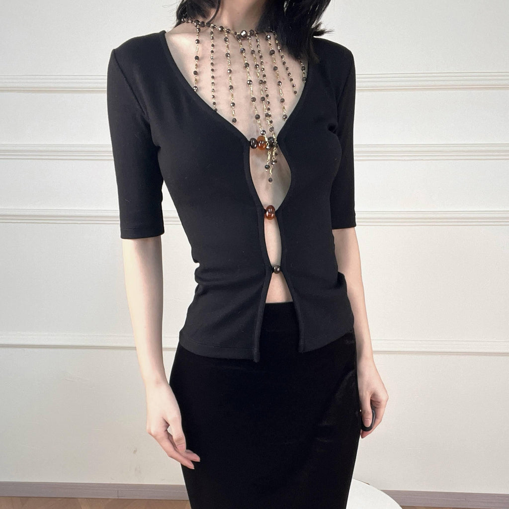 ANTIMOON_Cutout_Beaded_Knit_V-neck_Slim_Fit_Zip_Cardigan_Women's_Cotton_Short_Sleeve_T-shirts_1029423416871_MISSTT
