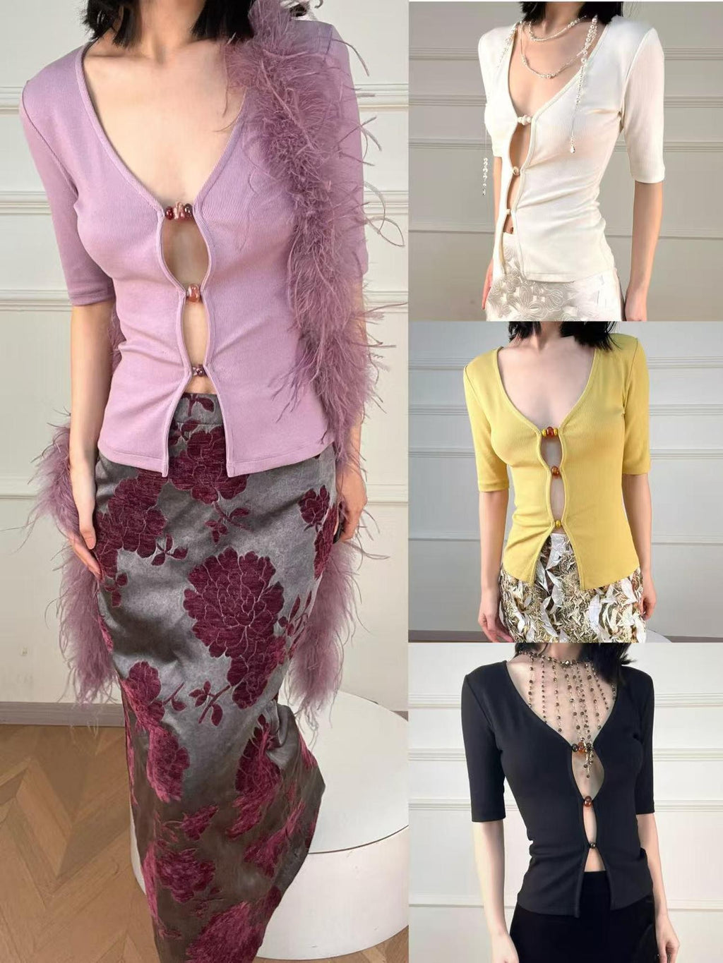 ANTIMOON Cutout Beaded Knit V-neck Slim Fit Zip Cardigan Women's Cotton Short Sleeve T-shirts