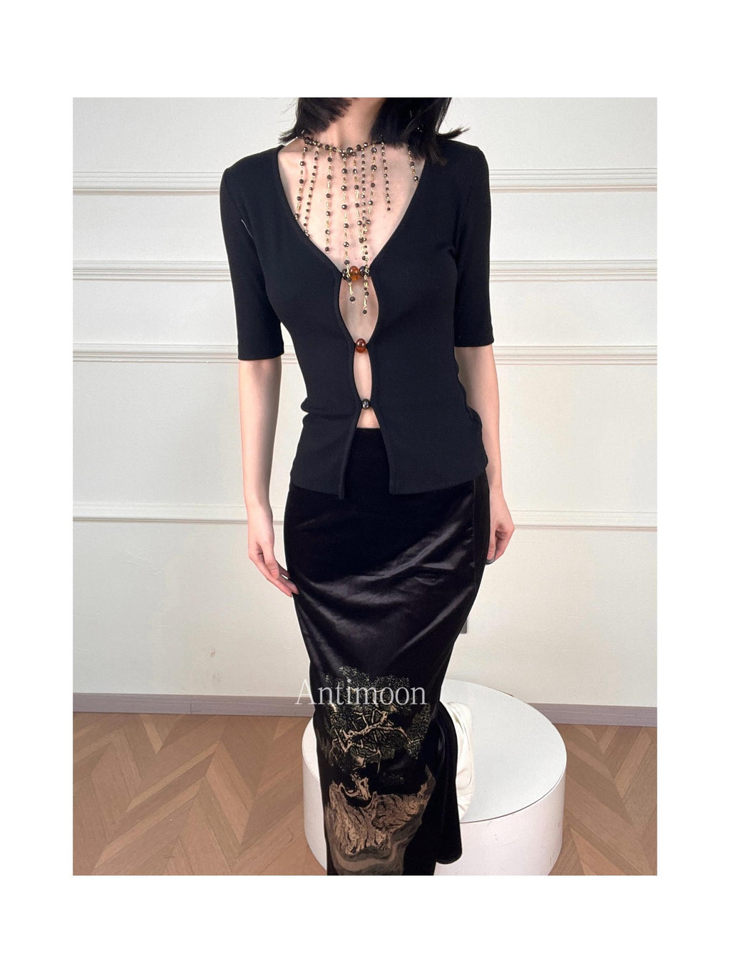ANTIMOON Cutout Beaded Knit V-neck Slim Fit Zip Cardigan Women's Cotton Short Sleeve T-shirts