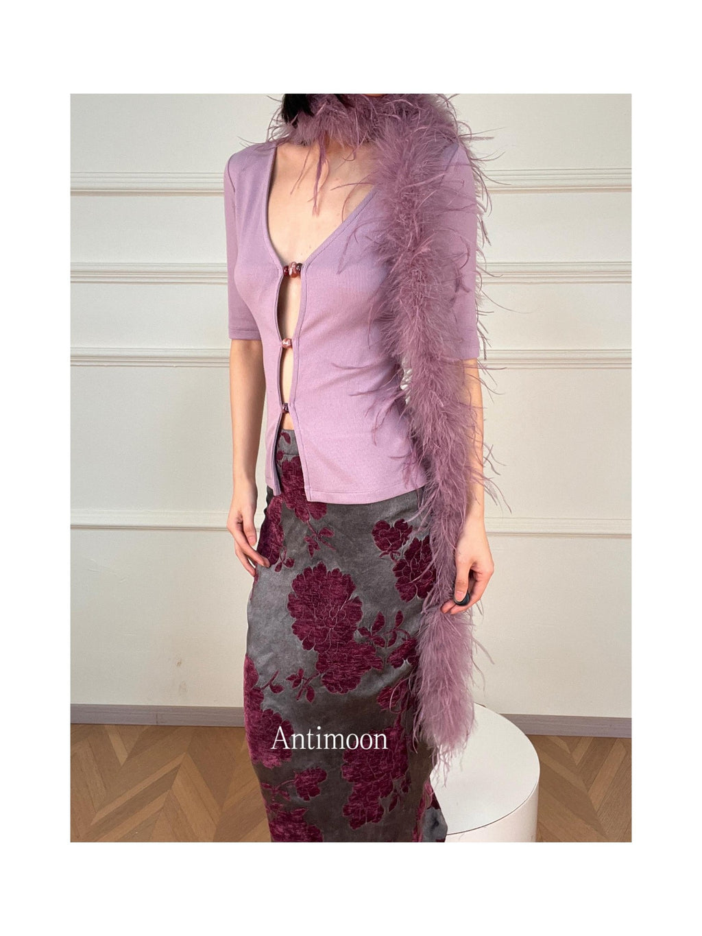 ANTIMOON Cutout Beaded Knit V-neck Slim Fit Zip Cardigan Women's Cotton Short Sleeve T-shirts