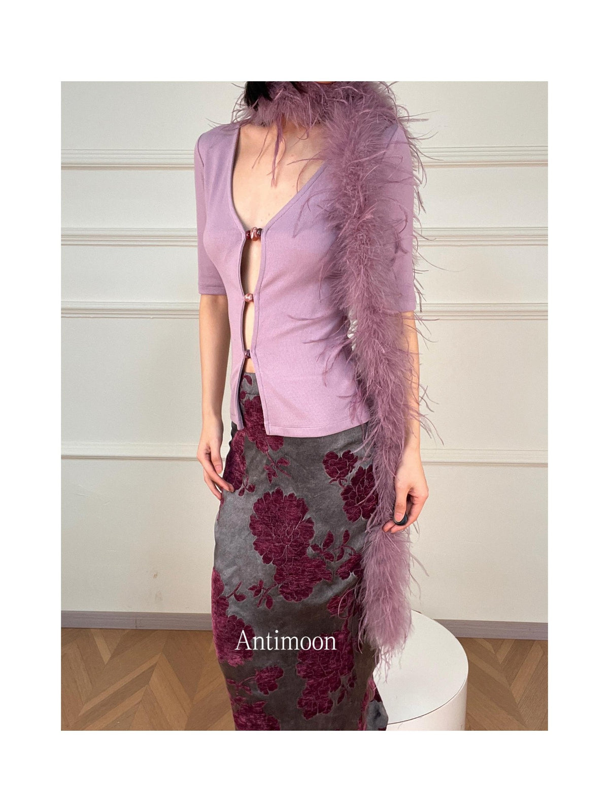 ANTIMOON Cutout Beaded Knit V-neck Slim Fit Zip Cardigan Women's Cotton Short Sleeve T-shirts