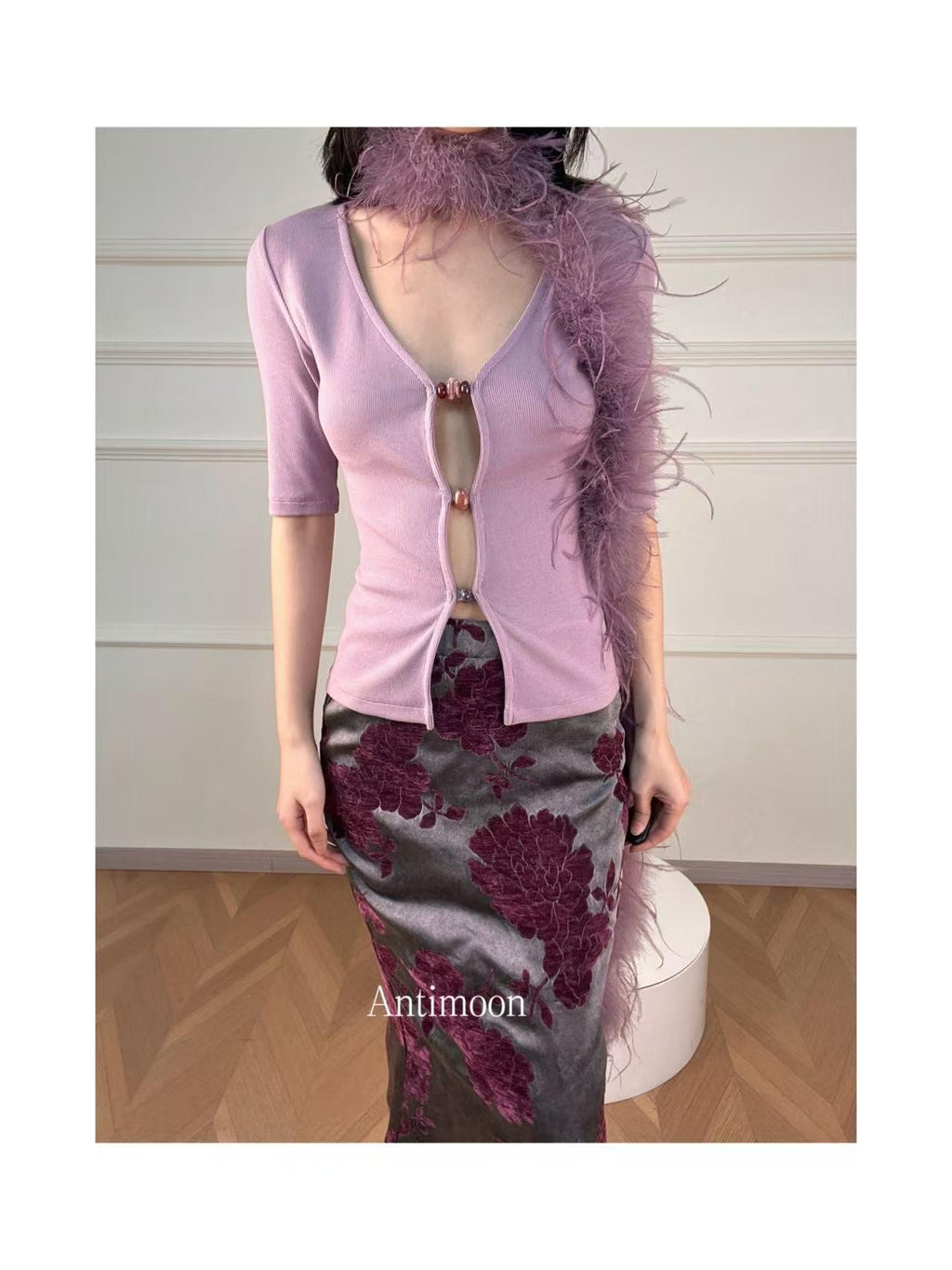 ANTIMOON Cutout Beaded Knit V-neck Slim Fit Zip Cardigan Women's Cotton Short Sleeve T-shirts