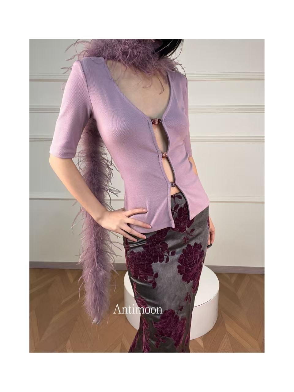 ANTIMOON Cutout Beaded Knit V-neck Slim Fit Zip Cardigan Women's Cotton Short Sleeve T-shirts
