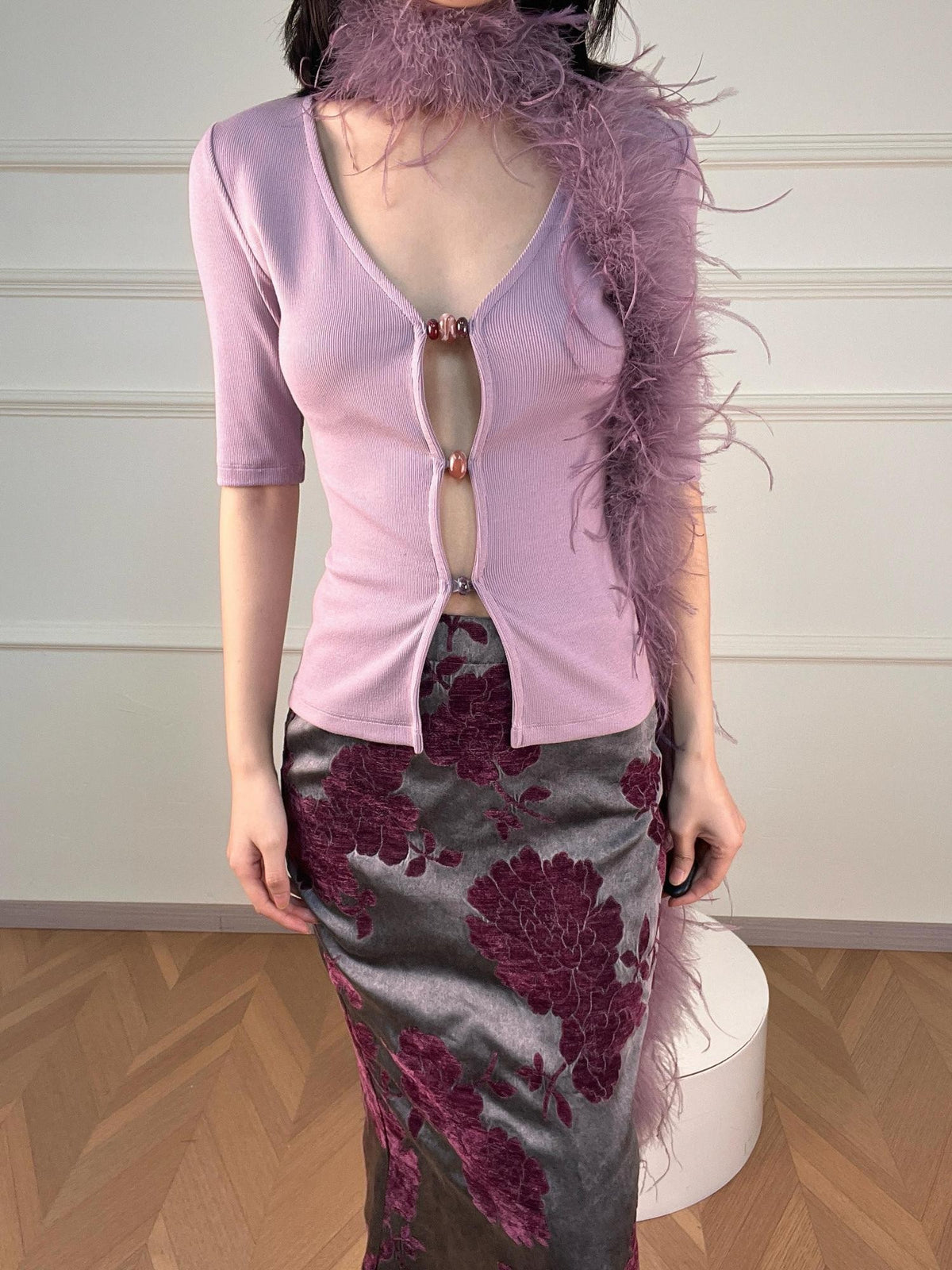 ANTIMOON Cutout Beaded Knit V-neck Slim Fit Zip Cardigan Women's Cotton Short Sleeve T-shirts