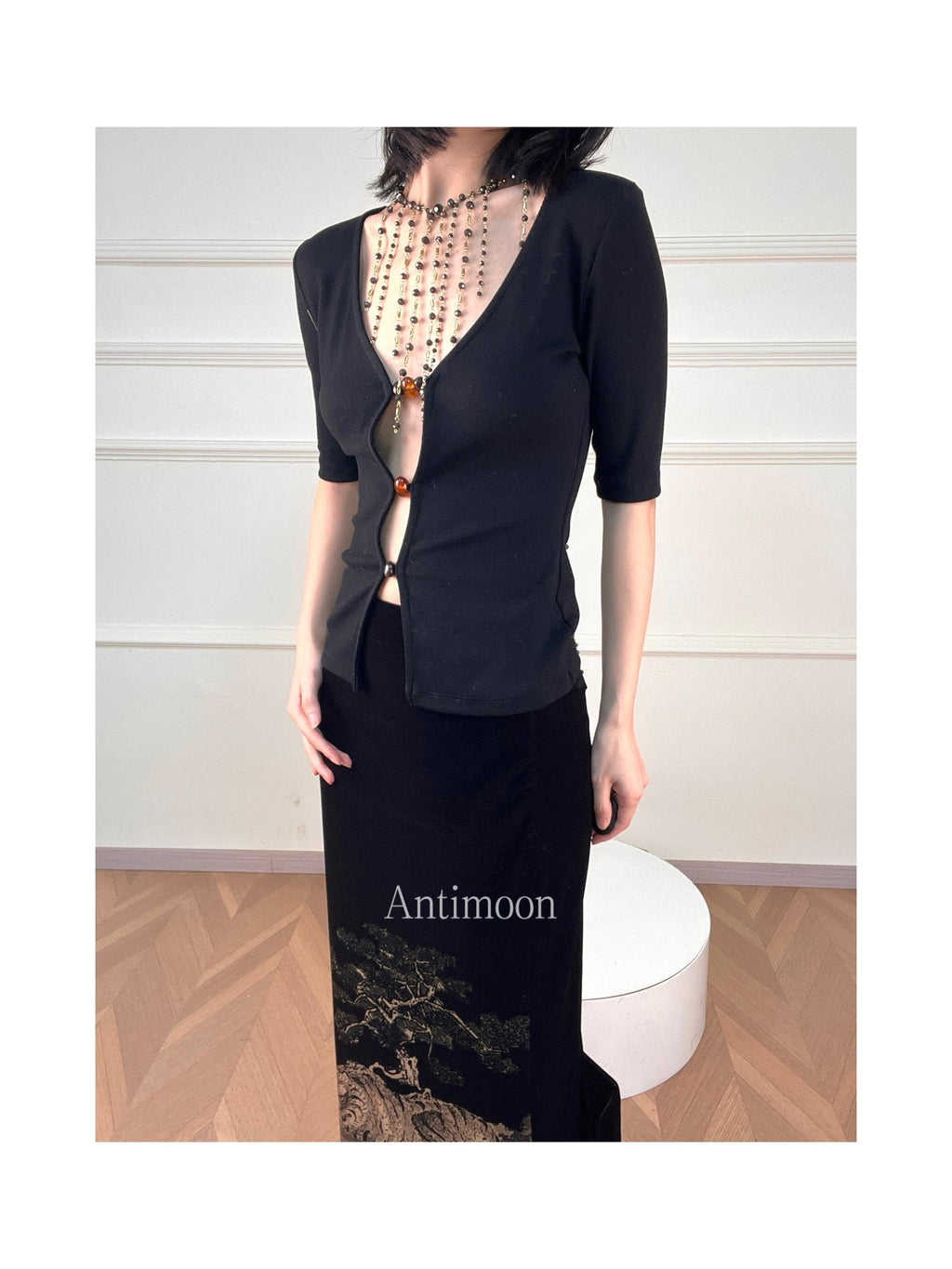 ANTIMOON Cutout Beaded Knit V-neck Slim Fit Zip Cardigan Women's Cotton Short Sleeve T-shirts