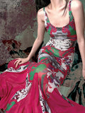ANTIMOON Cyber Contrast Print Sling Slim Mermaid Women's Mesh Bodycon Maxi Dresses
