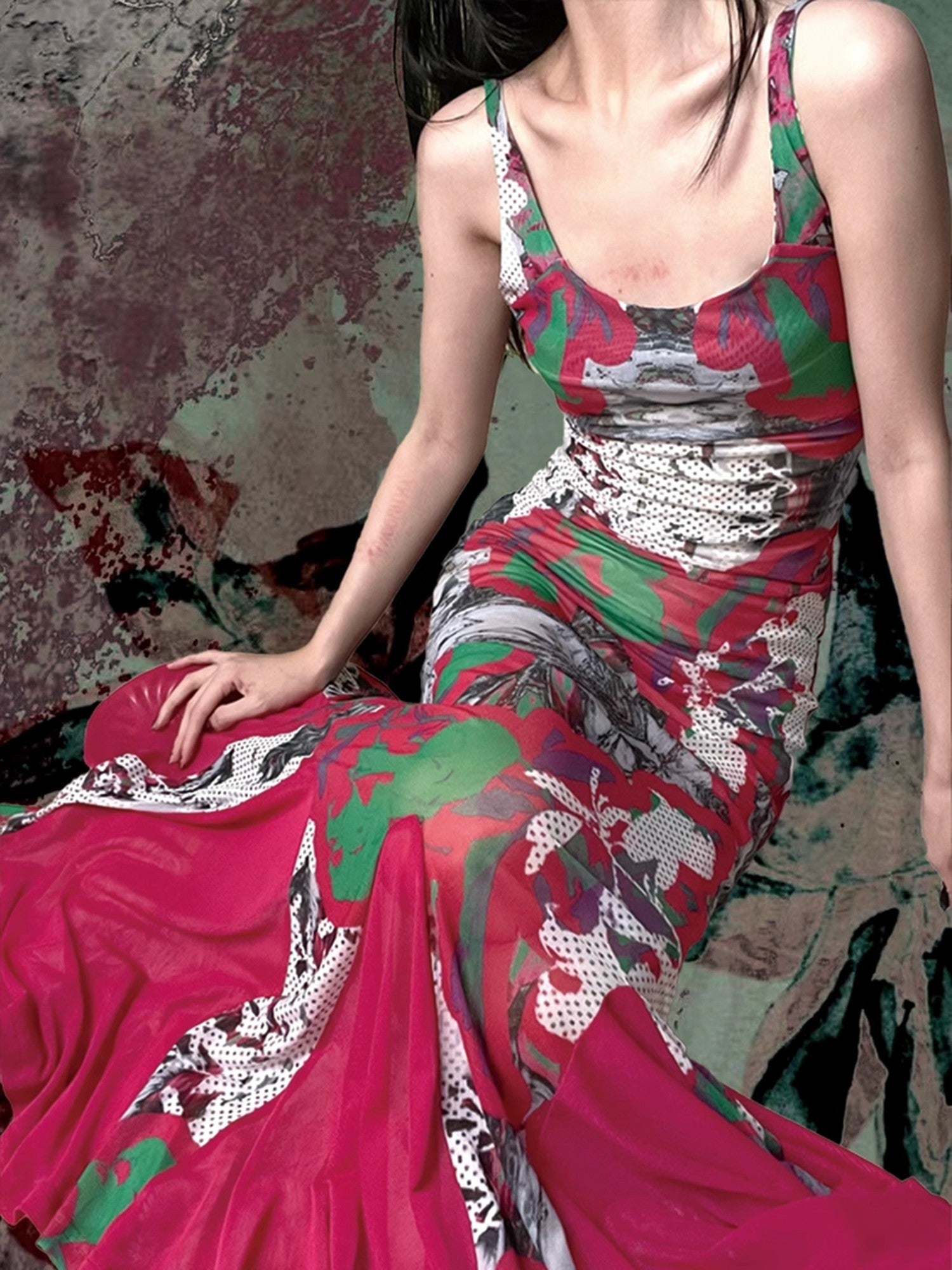 ANTIMOON Cyber Contrast Print Sling Slim Mermaid Women's Mesh Bodycon Maxi Dresses