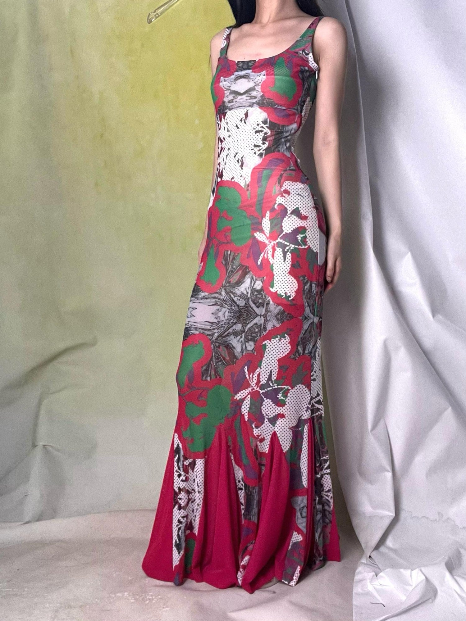 ANTIMOON Cyber Contrast Print Sling Slim Mermaid Women's Mesh Bodycon Maxi Dresses