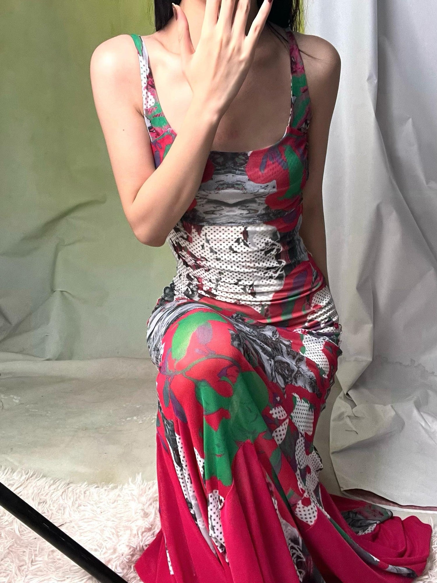 ANTIMOON Cyber Contrast Print Sling Slim Mermaid Women's Mesh Bodycon Maxi Dresses