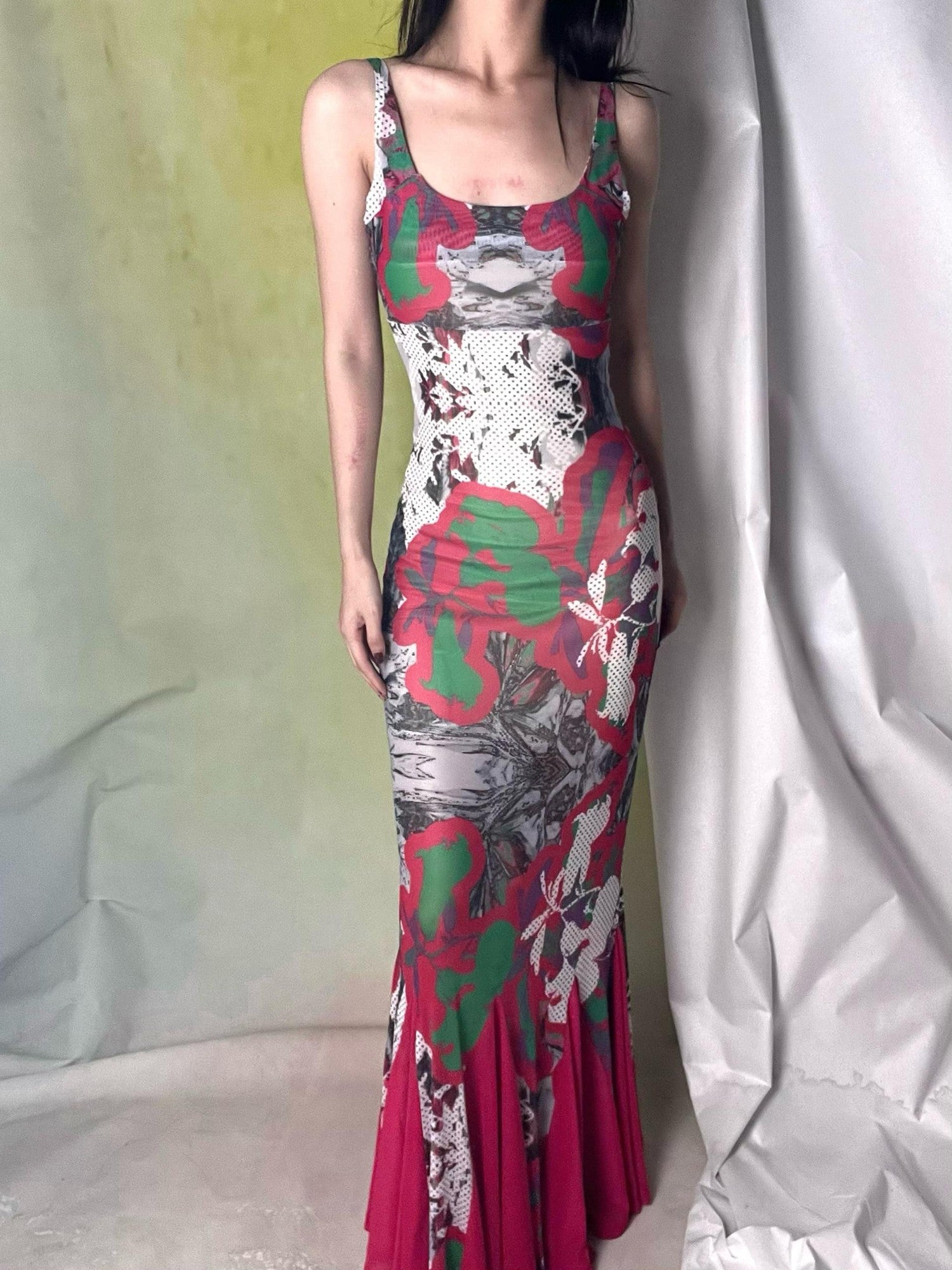ANTIMOON Cyber Contrast Print Sling Slim Mermaid Women's Mesh Bodycon Maxi Dresses