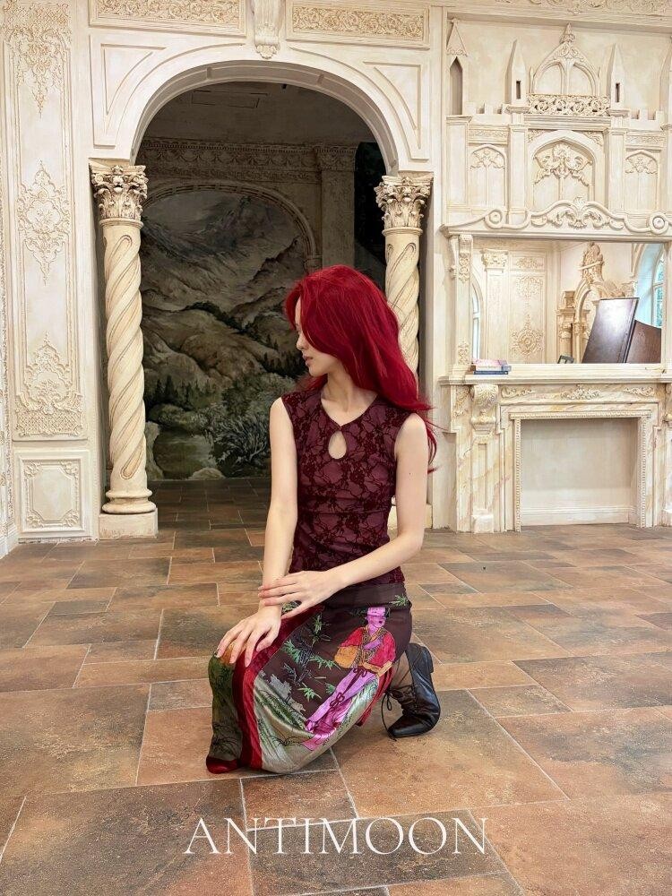 ANTIMOON Dark Red Floral Mandarin Collar Sleeveless Women's Polyester Cheongsam Dresses