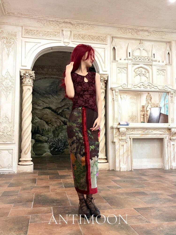 ANTIMOON Dark Red Floral Mandarin Collar Sleeveless Women's Polyester Cheongsam Dresses