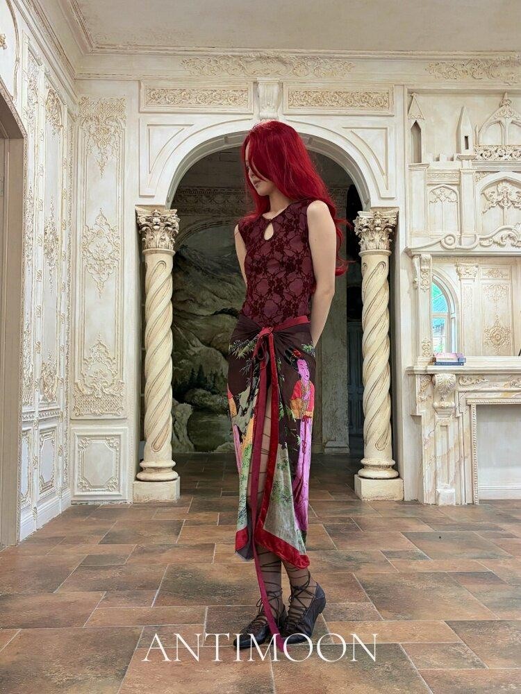 ANTIMOON Dark Red Floral Mandarin Collar Sleeveless Women's Polyester Cheongsam Dresses