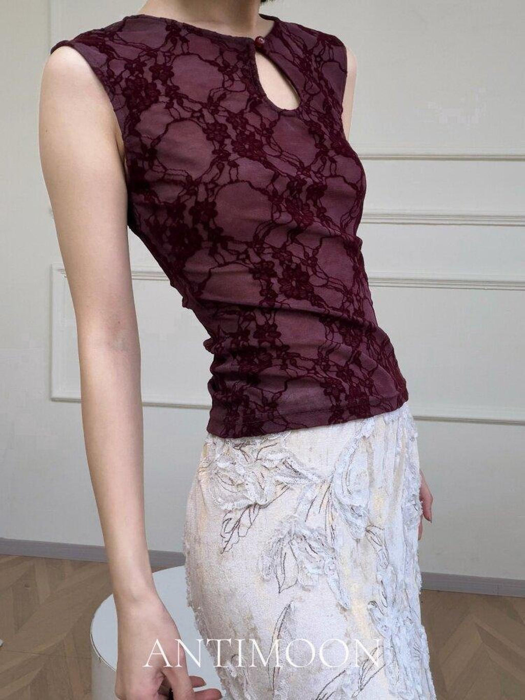 ANTIMOON Dark Red Floral Mandarin Collar Sleeveless Women's Polyester Cheongsam Dresses
