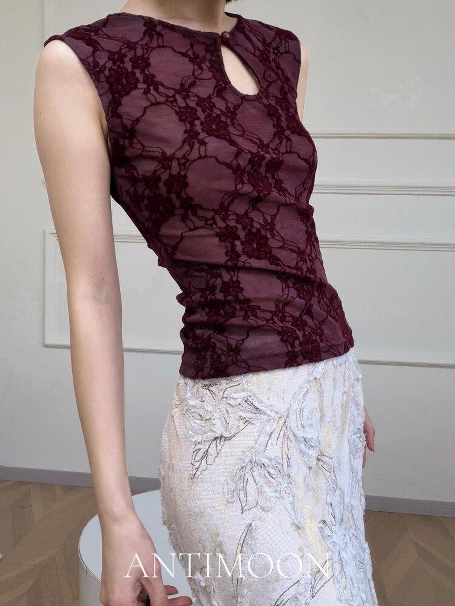 ANTIMOON Dark Red Floral Mandarin Collar Sleeveless Women's Polyester Cheongsam Dresses