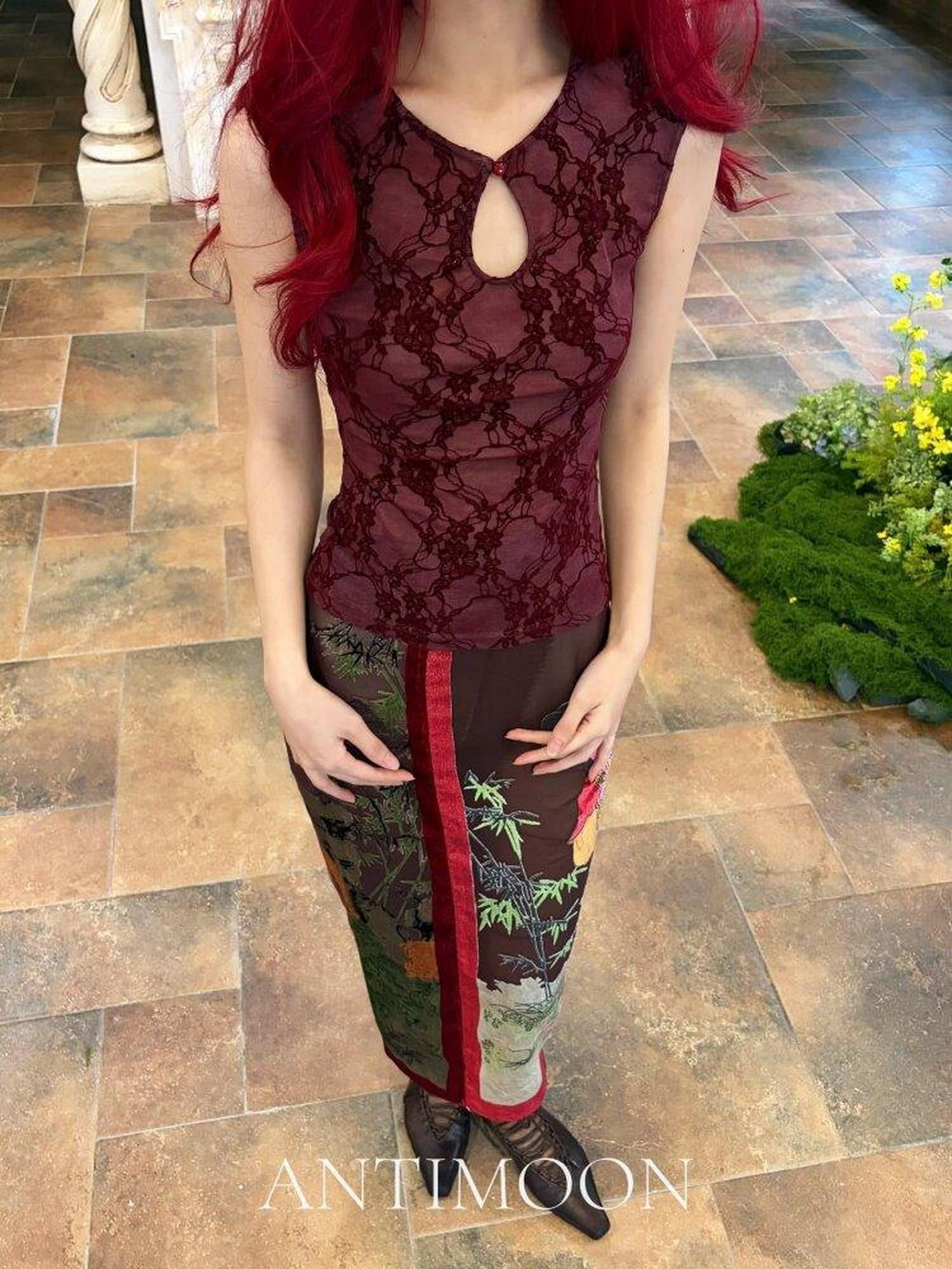 ANTIMOON Dark Red Floral Mandarin Collar Sleeveless Women's Polyester Cheongsam Dresses
