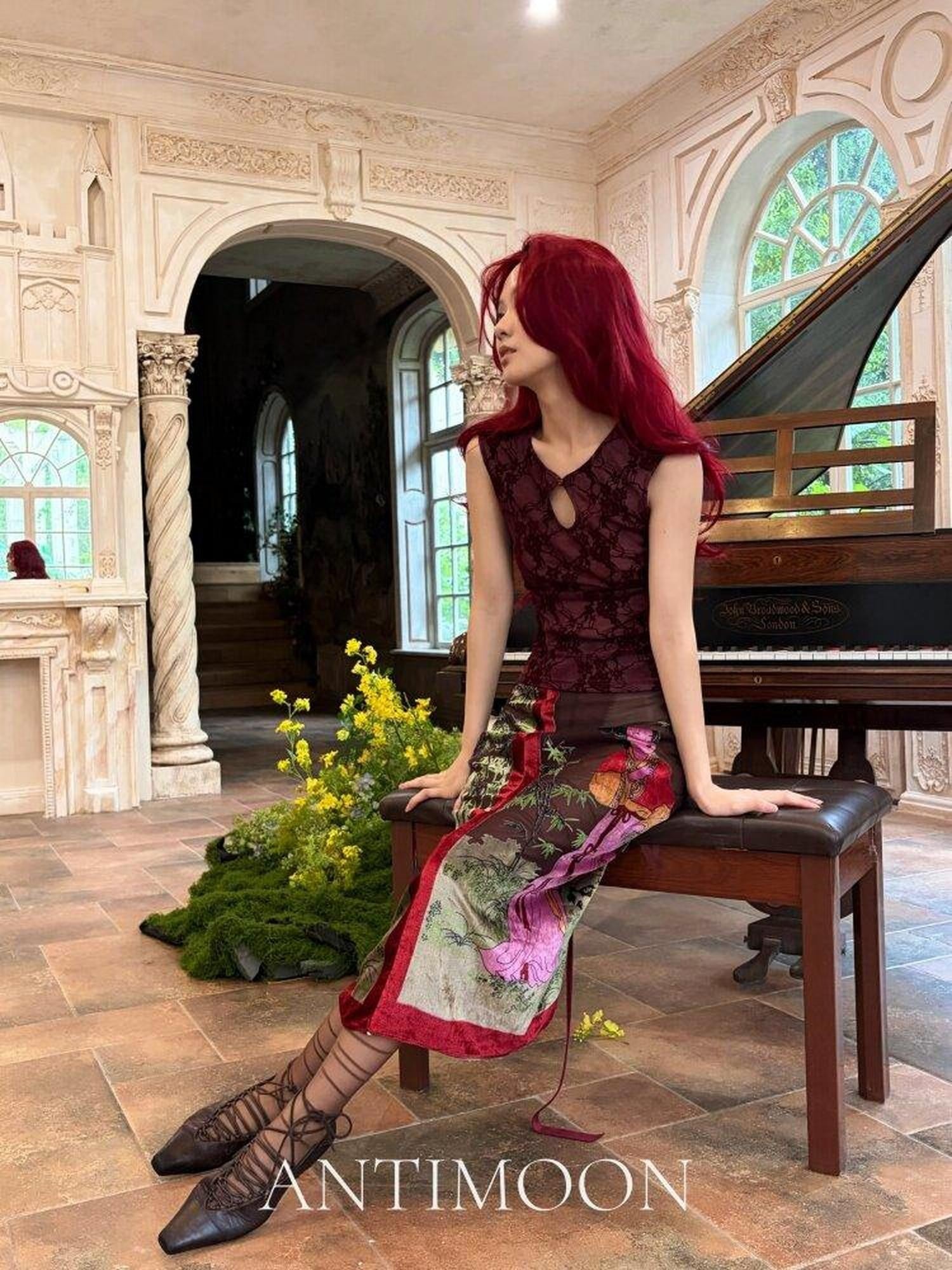 ANTIMOON Dark Red Floral Mandarin Collar Sleeveless Women's Polyester Cheongsam Dresses