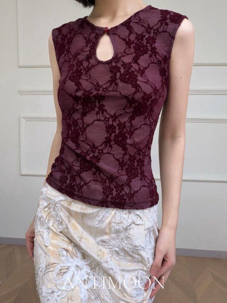 ANTIMOON Dark Red Floral Mandarin Collar Sleeveless Women's Polyester Cheongsam Dresses