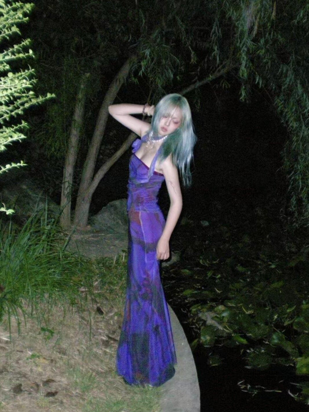 ANTIMOON Deep Purple Ink Wash Strapless Fishtail Slim Women's Mesh Matching Skirt Sets