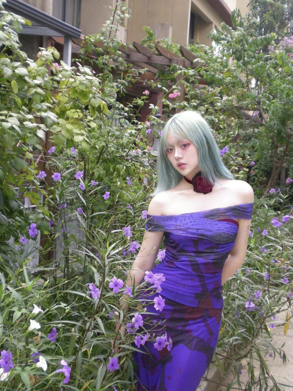 ANTIMOON Deep Purple Ink Wash Strapless Fishtail Slim Women's Mesh Matching Skirt Sets