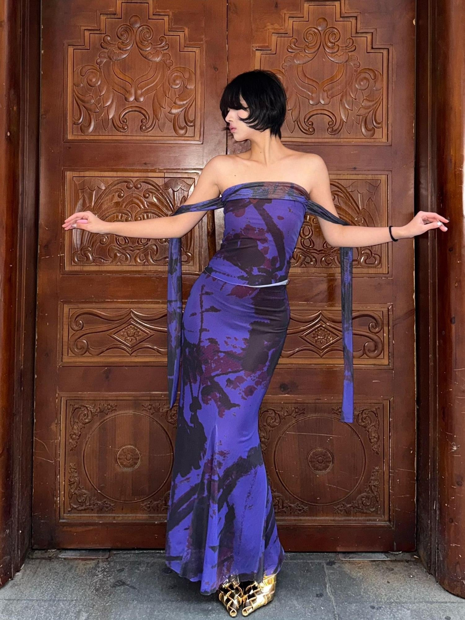 ANTIMOON Deep Purple Ink Wash Strapless Fishtail Slim Women's Mesh Matching Skirt Sets