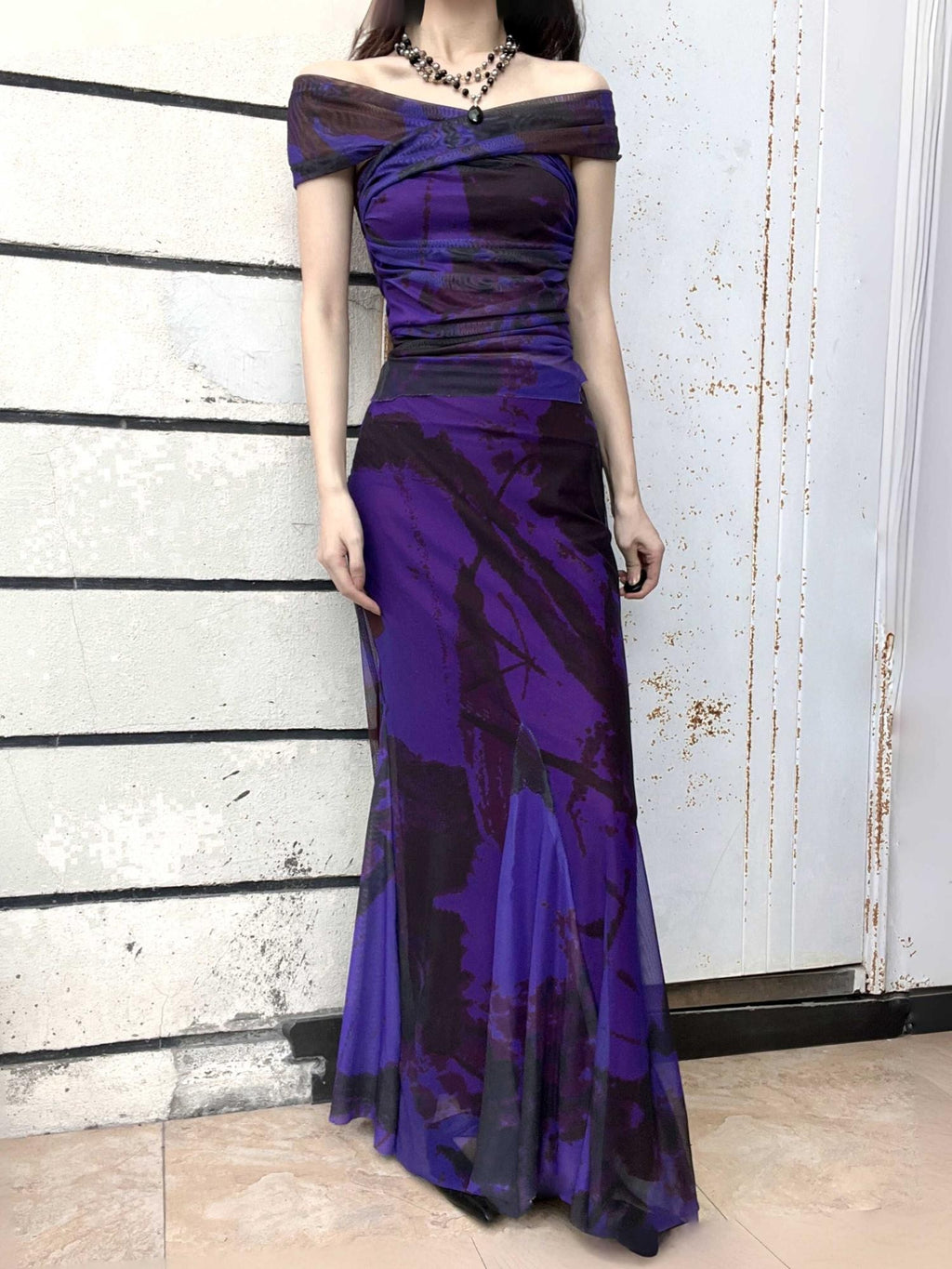 ANTIMOON Deep Purple Ink Wash Strapless Fishtail Slim Women's Mesh Matching Skirt Sets