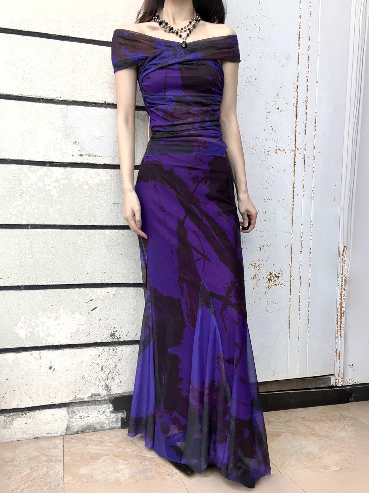 ANTIMOON Deep Purple Ink Wash Strapless Fishtail Slim Women's Mesh Matching Skirt Sets