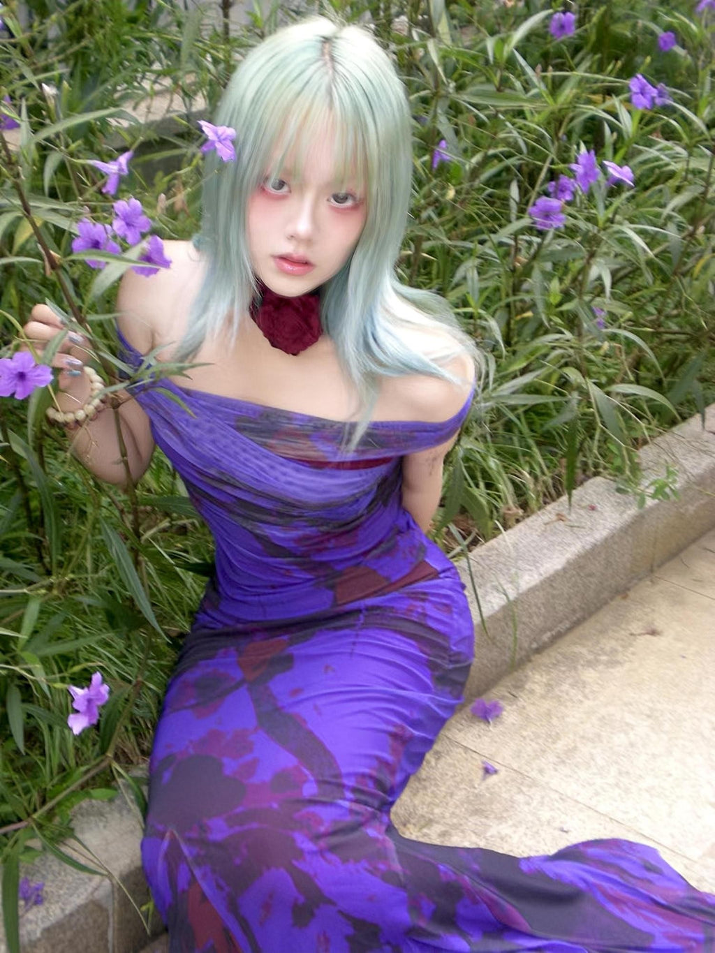 ANTIMOON Deep Purple Ink Wash Strapless Fishtail Slim Women's Mesh Matching Skirt Sets