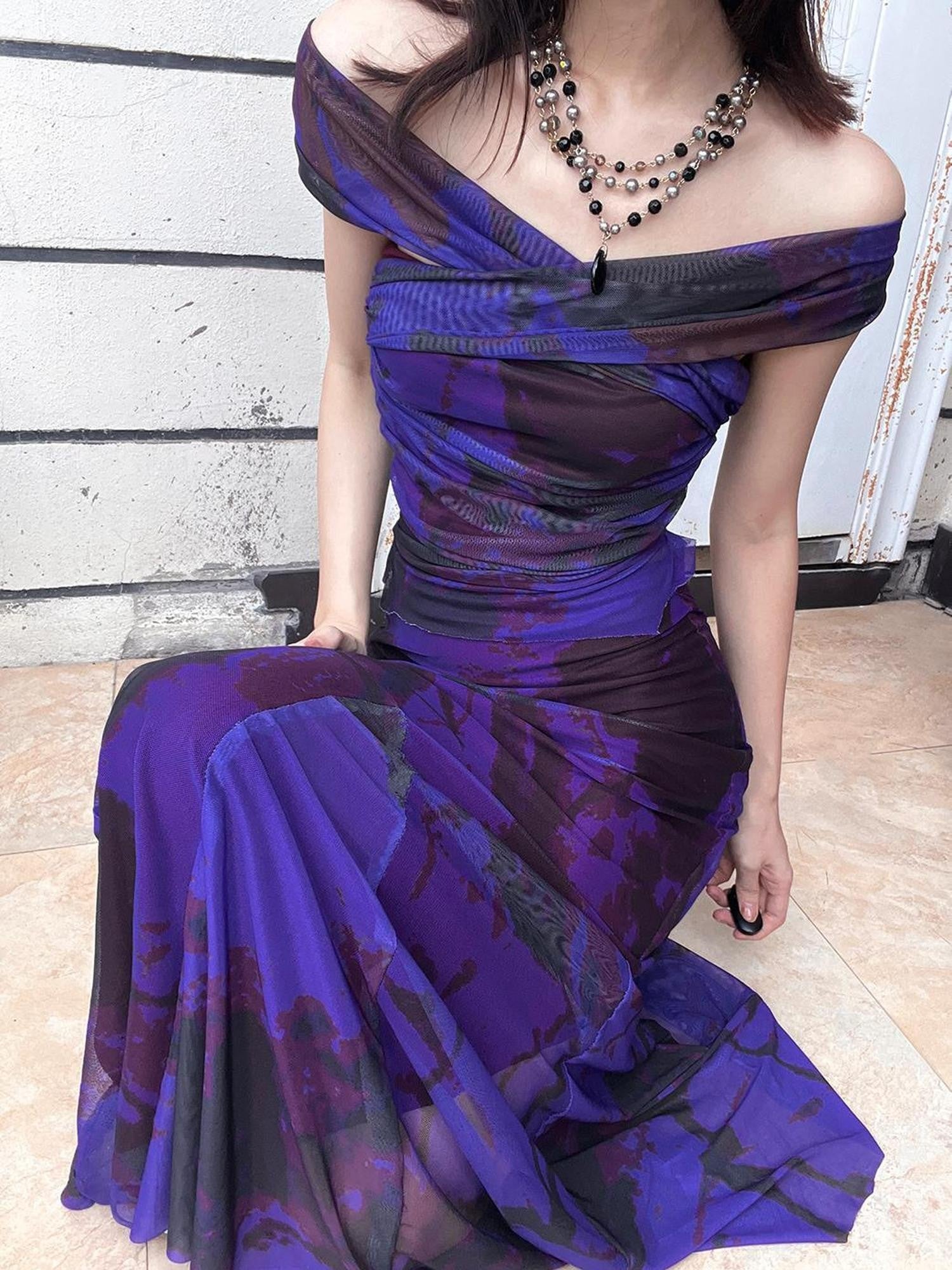 ANTIMOON Deep Purple Ink Wash Strapless Fishtail Slim Women's Mesh Matching Skirt Sets