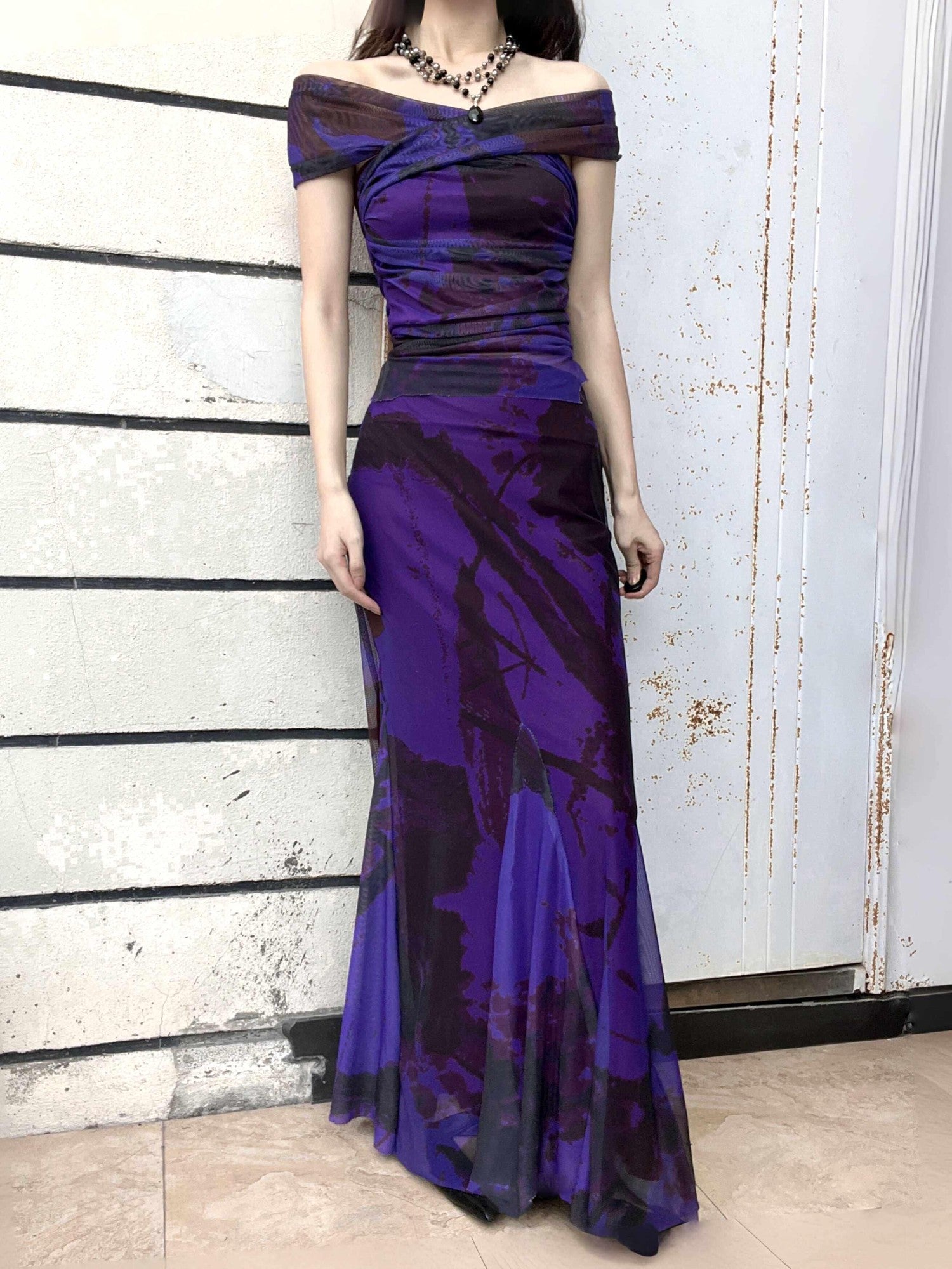 ANTIMOON Deep Purple Ink Wash Strapless Fishtail Slim Women's Mesh Matching Skirt Sets