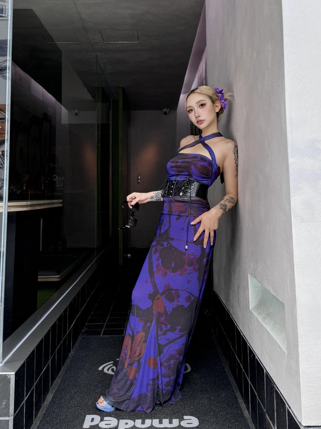 ANTIMOON Deep Purple Ink Wash Strapless Fishtail Slim Women's Mesh Matching Skirt Sets