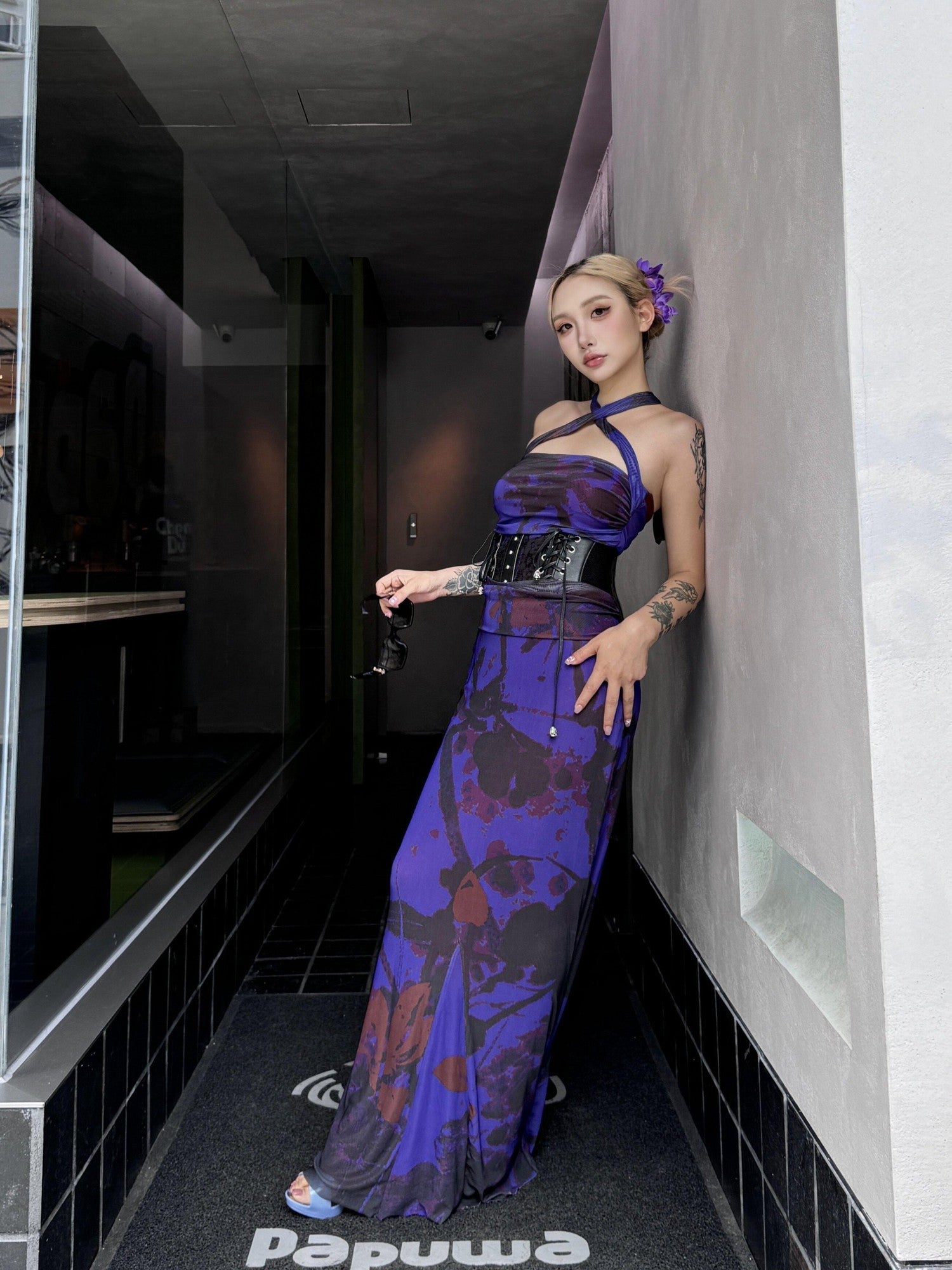 ANTIMOON Deep Purple Ink Wash Strapless Fishtail Slim Women's Mesh Matching Skirt Sets